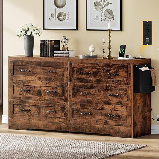 DWVO Farmhouse 6 Drawer Dresser for Bedroom, 31.5 Inch Tall Modern Dresser TV Stand with Large Drawers & Bar Handles, Storage Dressers with Power Outlets, Rustic Wood Chest of Drawers, Rustic Brown