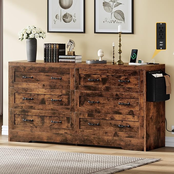 DWVO Farmhouse 6 Drawer Dresser for Bedroom, 31.5 Inch Tall Modern Dresser TV Stand with Large Drawers & Bar Handles, Storage Dressers with Power Outlets, Rustic Wood Chest of Drawers, Rustic Brown