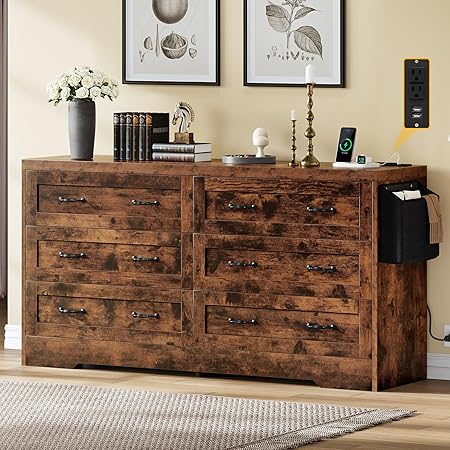 DWVO Farmhouse 6 Drawer Dresser for Bedroom, 31.5 Inch Tall Modern Dresser TV Stand with Large Drawers & Bar Handles, Storage Dressers with Power Outlets, Rustic Wood Chest of Drawers, Rustic Brown