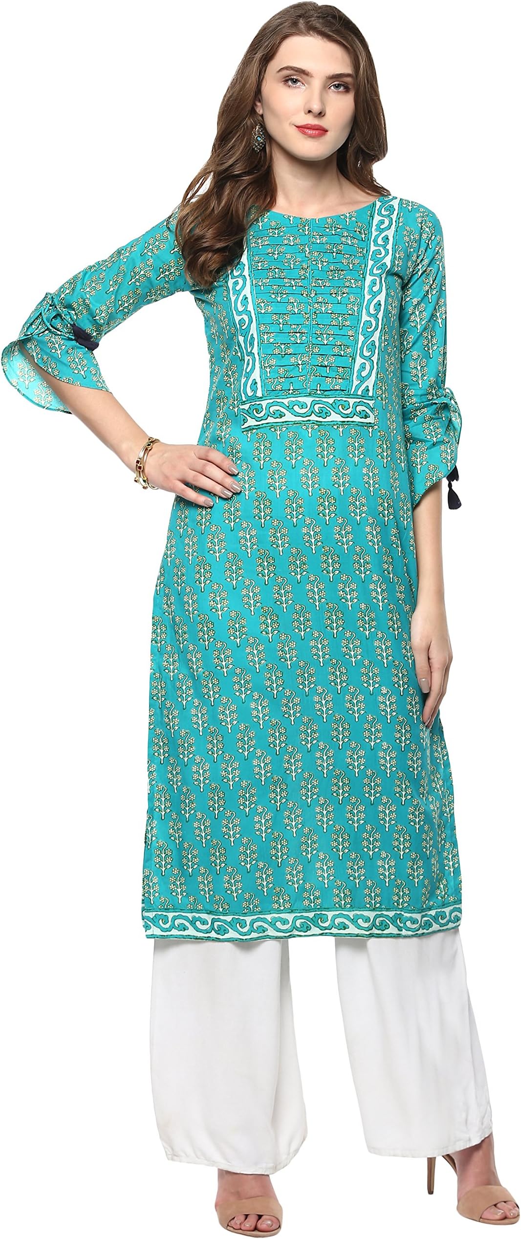 Janasya Indian Women's Tunic Tops Cotton Kurti For Women(JNE2153-KR-278-S) Turquoise