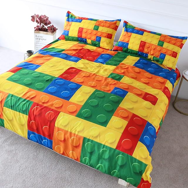 BlessLiving Colorful Toy Bedding Building Blocks Pattern Duvet Cover 3 Pieces Kids Boys Fun Brick Bedspread Set (Single)