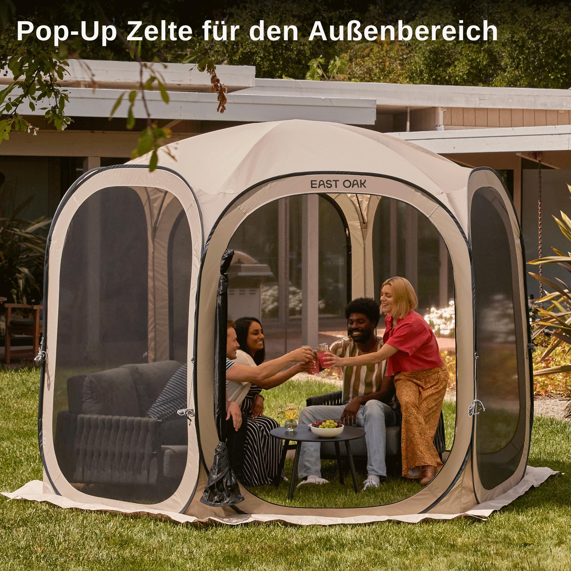 East Oak Pop Up Zelt, Pavillon 3×3m, Wurfzelt Große für 4-6 Personen, Gazebo für Camping, Garten, Terrasse, Stoffe Wasserdicht, UPF 50+ UV Schutz, 360° Belüftung, Anti Moskito, mit Tragetasche, Beige