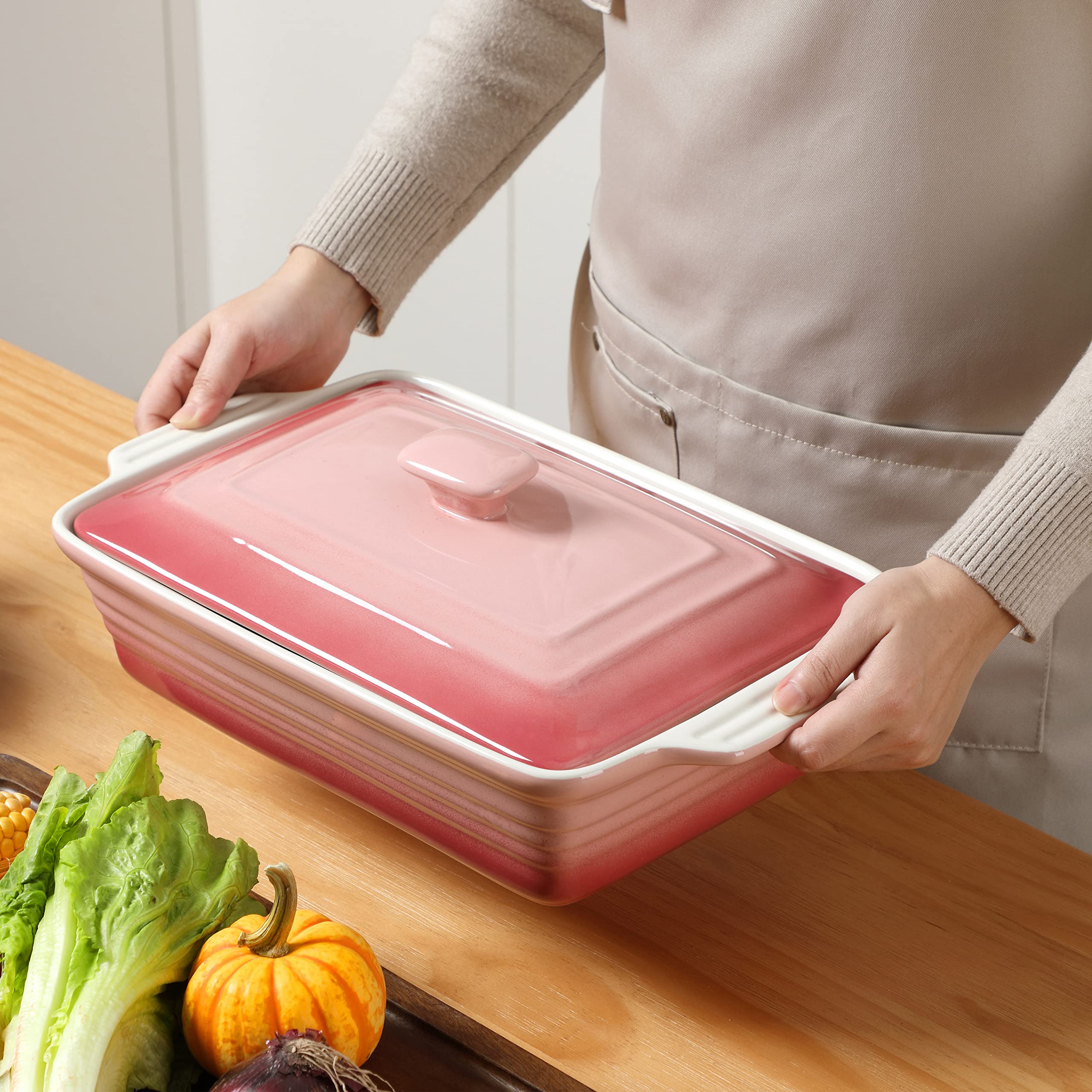 4.5 Quart Nonstick Casserole Dish with Lid, LOVECASA 9 x 13 Inches Lasagna Pan Deep, Ceramic Baking Dish for Dinner, Banquet, and Party, Gradient Pink