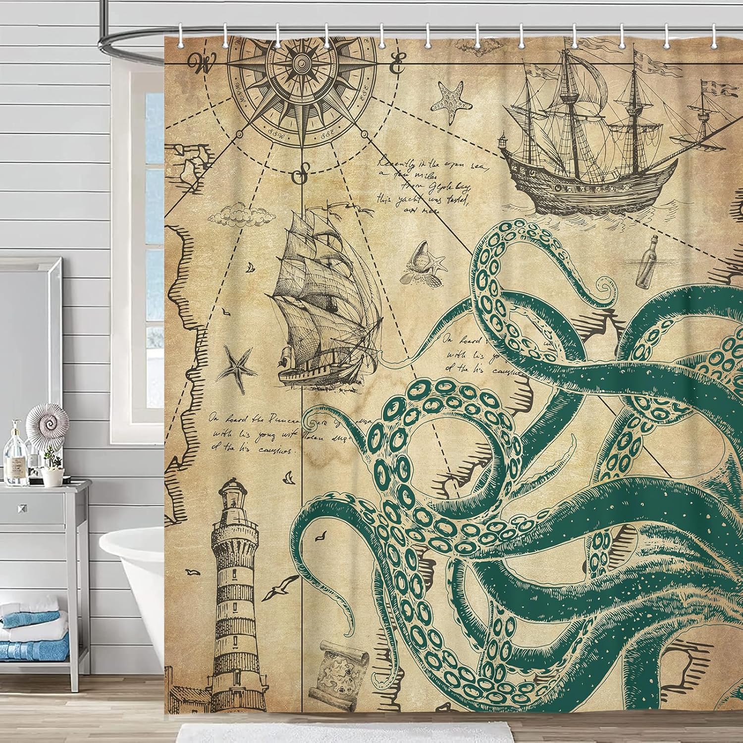 Octopus Decor Shower Curtain for Bathroom, Funny Black and White Sea Monster Kraken Animal Goth Fabric Shower Curtains Set, Unique Novelty Nautical Gothic Restroom Accessories with Hooks 72X75