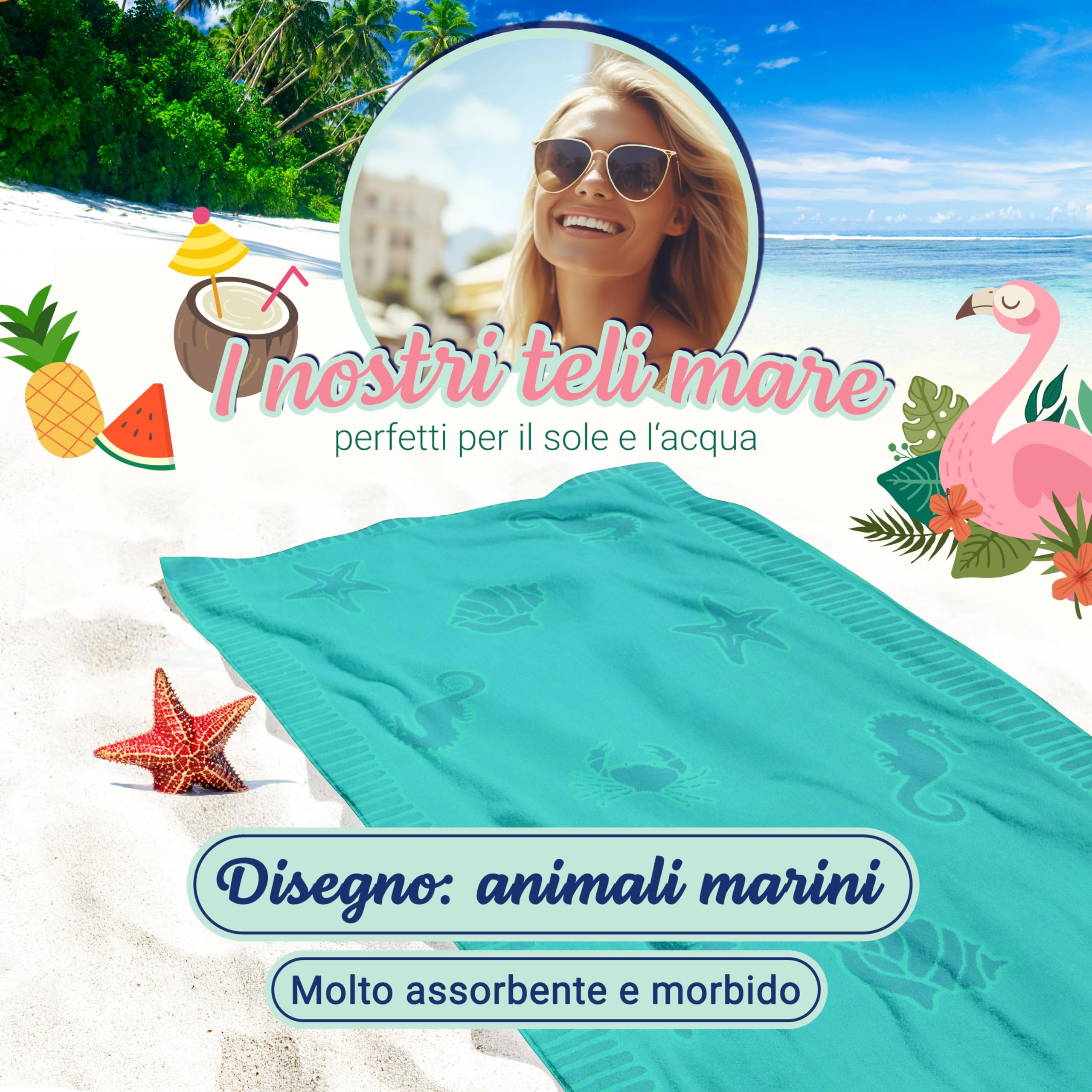 Telo Cotone 100 Telo Mare 100x200 Cm In Cotone - Assorbente, Marini, Certificato Oeko-Tex Design Animali - Foto 8