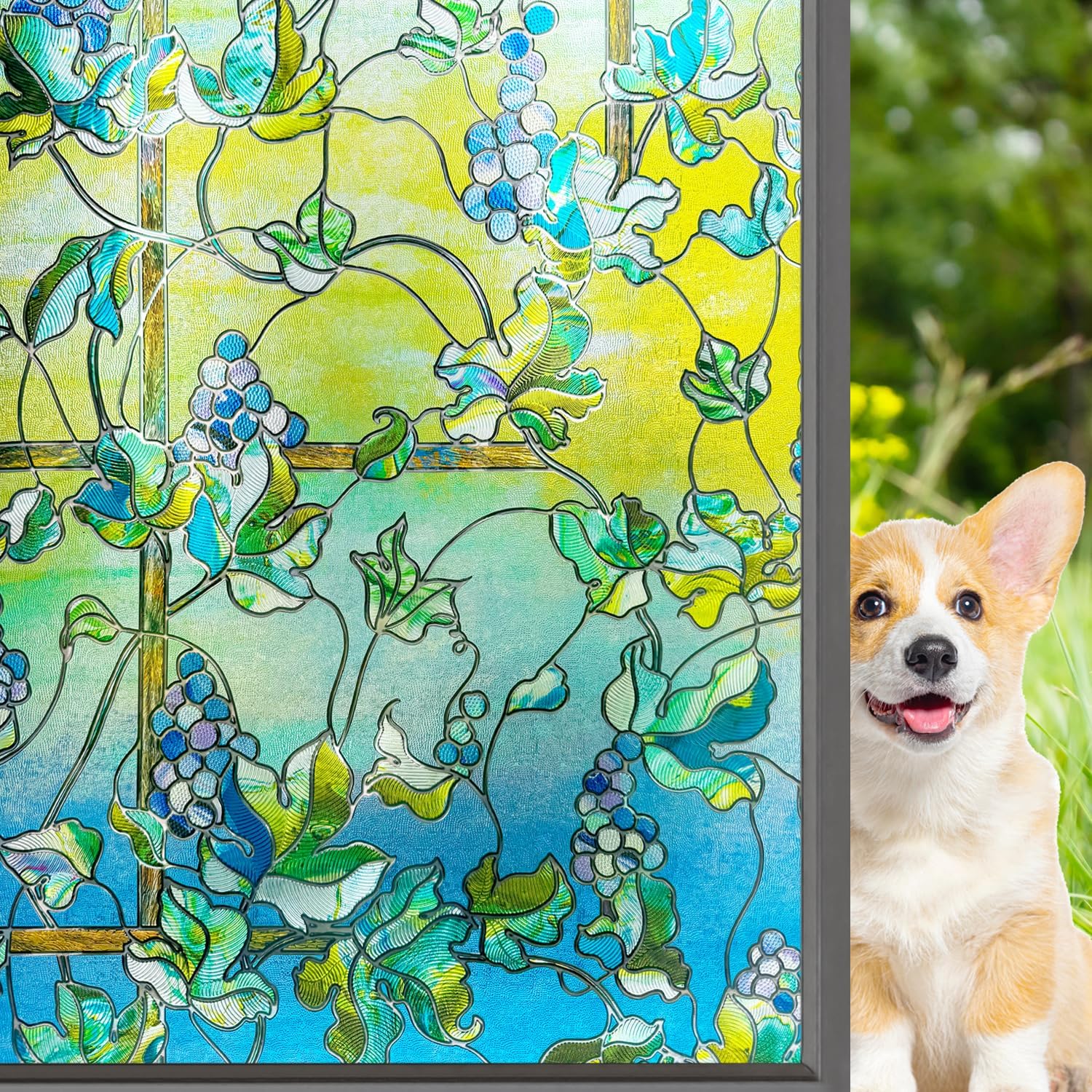 3D Stained Glass Window Film Etched Decorative Privacy Glass Door Film Cling Self-Static Grapes Window Tint Easy Removal Anti UV for Home and Office,23.6x35.4 inches