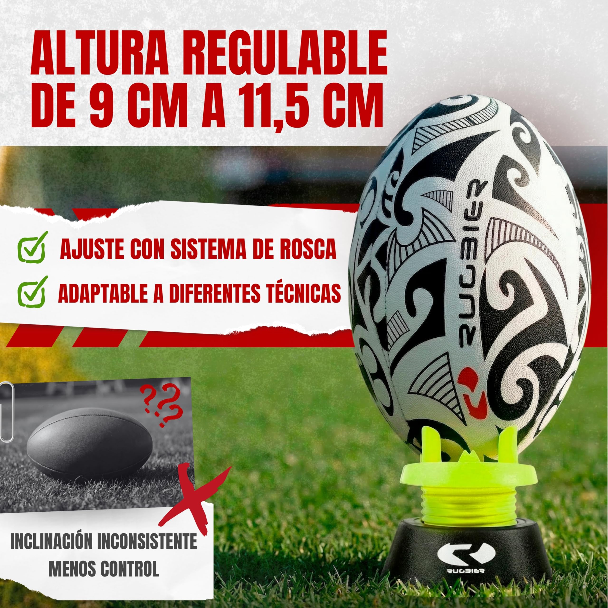 Tee de Rugby Ajustable Profesional – Kicking Tee Altura Regulable Patadas y Conversiones – Soporte Balón Rugby Alta Estabilidad – Accesorio Rugby Entrenamiento y Competición – Amarillo/Negro