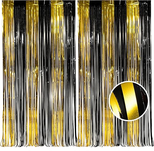 Miniatura 1 de BRAVESHINE Cortinas de flecos de papel de oropel de 3.2 x 8.2 pies, paquete de 2 cortinas de fondo metálico negro dorado para cabina de fotos para