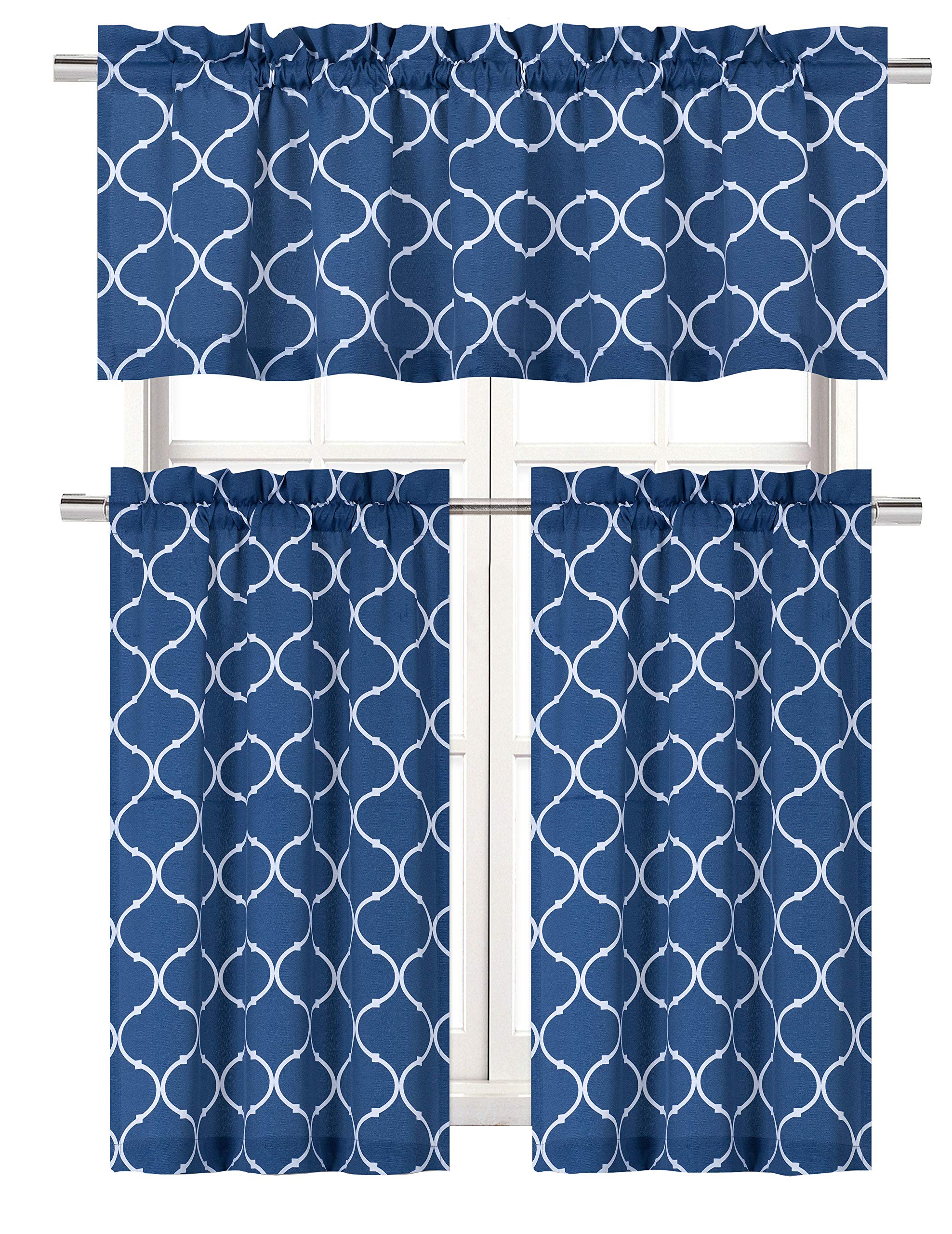 Regal Home Collections Café Styled Shabby Lattice Maison Kitchen Curtains - Assorted Colors (Navy)