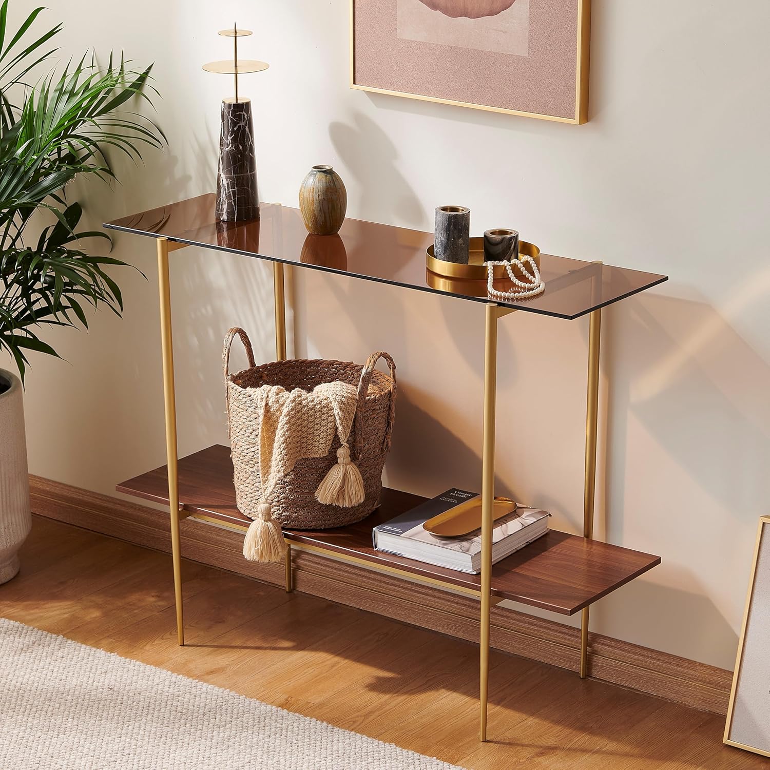 AGV 202401 2-Tier Glass Wood Console Table, Mid-Century Modern Style, Perfect for Living Room, Entryway, Foyer, D41×H31.5, Amber Glass Top & Walnut Wood Top & Gold Finish Metal Frame
