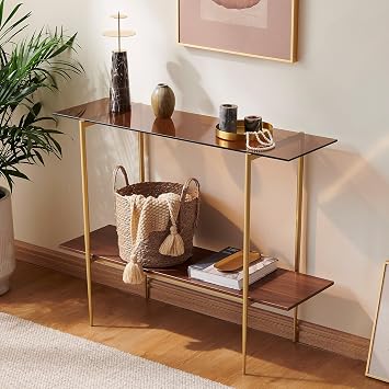 AGV 202401 2-Tier Glass Wood Console Table, Mid-Century Modern Style, Perfect for Living Room, Entryway, Foyer, D41H31.5, Amber Glass Top & Walnut Wood Top & Gold Finish Metal Frame
