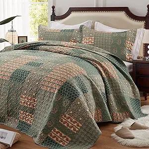 LEAONME 2 Pieces Twin Size Quilt Set Olive Green Paisley Bedspread Coverlet Lightweight Microfiber Bedding Set 68x86 Inch Bed Cover for All Seasons (1 Quilt, 1 Pillow Sham)