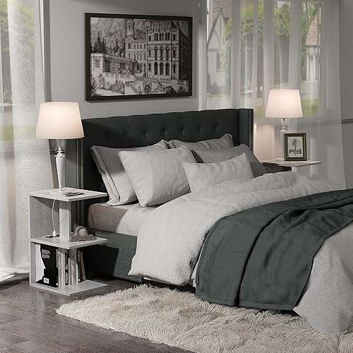 Miniatura 4 de FROMJBEST Mesa auxiliar con estación de carga, mesa auxiliar estrecha para espacios pequeños, mesita de noche con puertos USB y tomacorriente, mesa