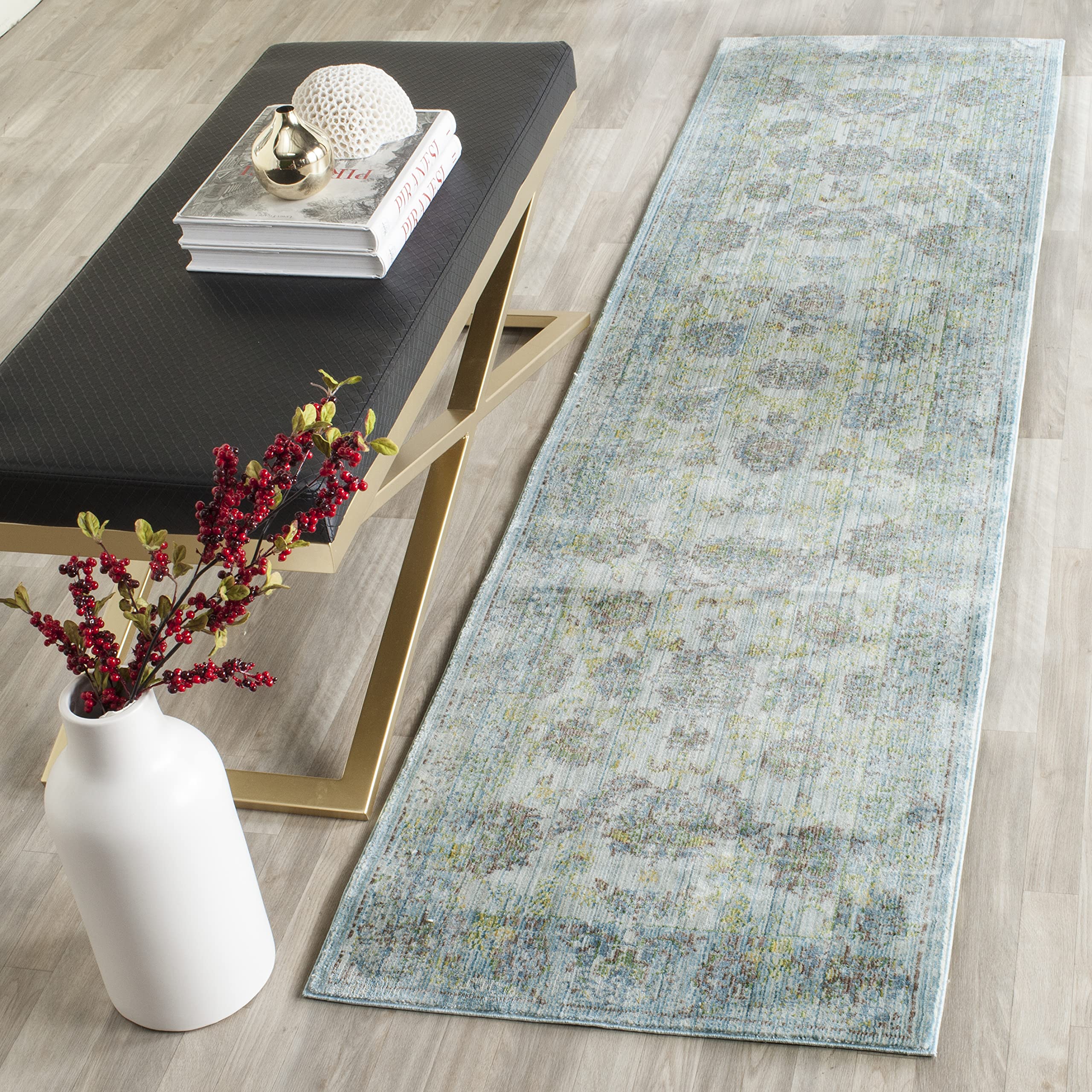 SAFAVIEH Valencia Collection Runner Rug - 2'3" x 8', Light Blue & Turquoise, Boho Chic Distressed Design, Non-Shedding & Easy Care, Ideal for High