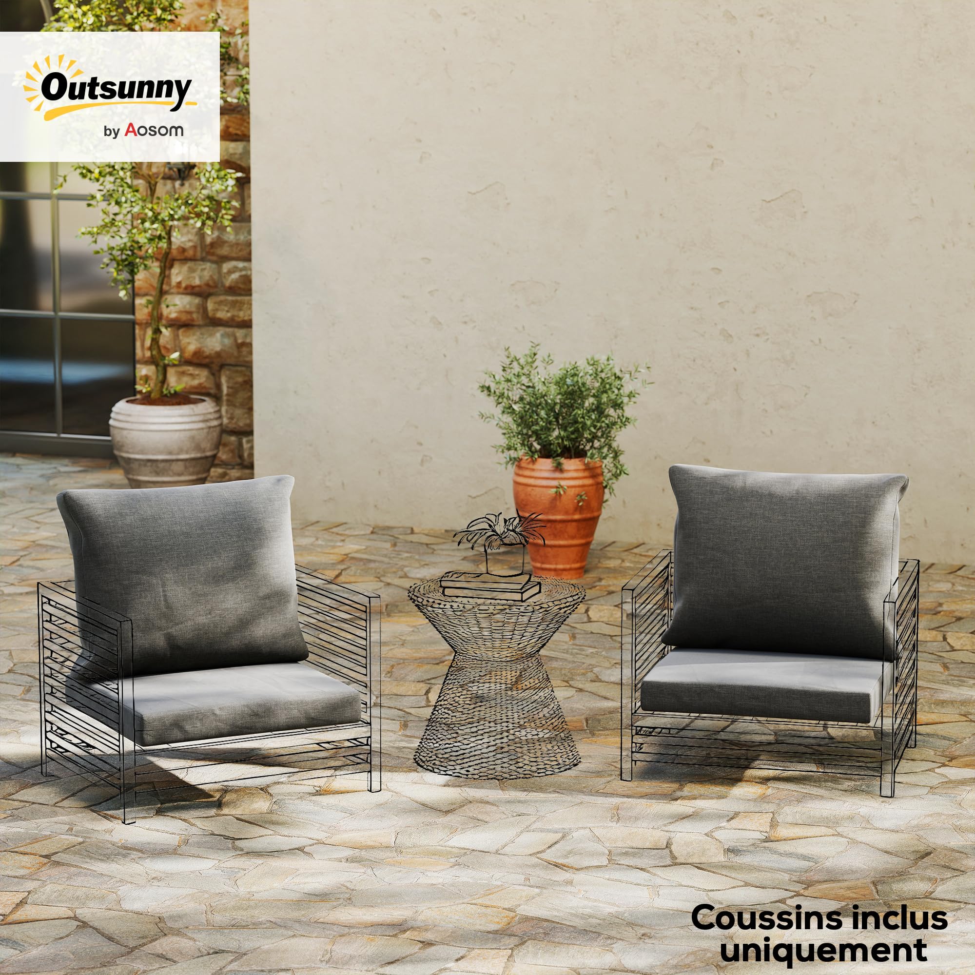 Outsunny Ensemble de 4 Coussins pour Salon de Jardin Lavables Gris Foncé