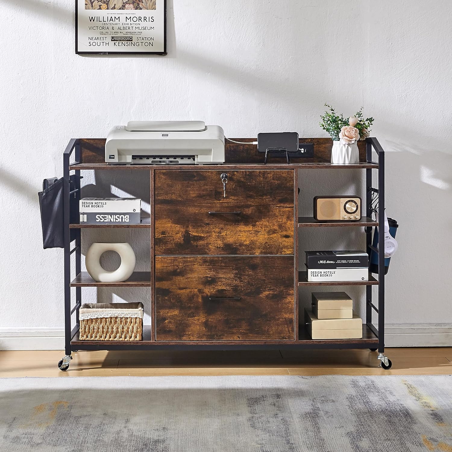 45" File Cabinet for Home Office, Mobile Office Storage Cabinet with Built-In Power Outlet, 2 Drawer Filing Cabinet with Lock, Shelves, Metal Hook, Storage Bag fits A4/Legal/Letter Size (Wood)