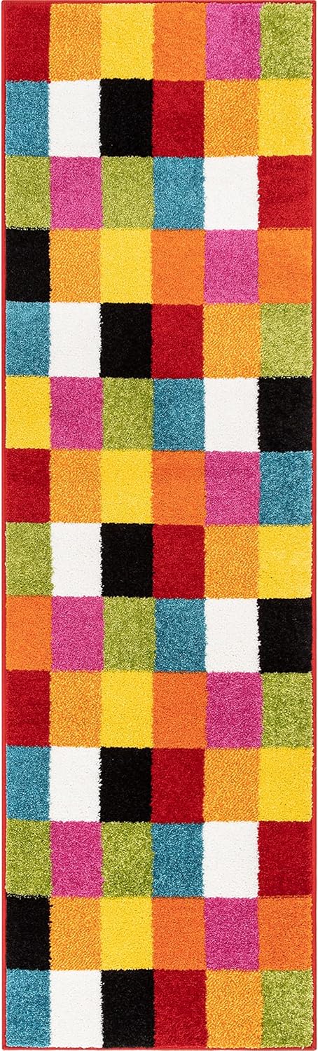 Well Woven Modern Rug Squares Multi Geometric Accent 2'3" x 7'3" Runner Entry Way Bright Kids Room Kitchen Bedroom Carpet Bathroom Soft Durable Area Rug