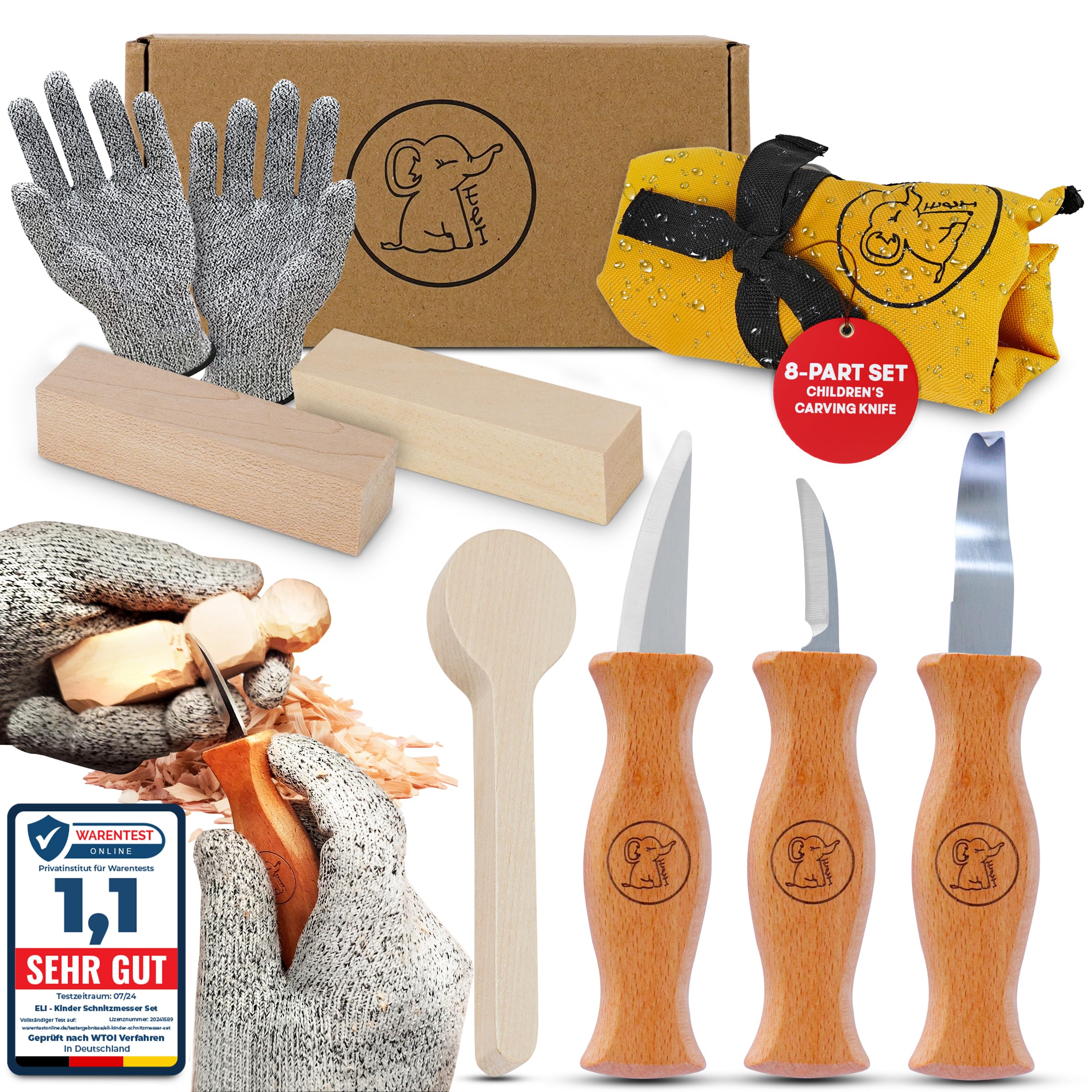 Eli®Set di coltelli da intaglio per bambini a partire da 6 anni, set di coltelli da intaglio per bambini di alta qualità da 8 pezzi, inclusi guanti, utensili da intaglio, legno di tiglio