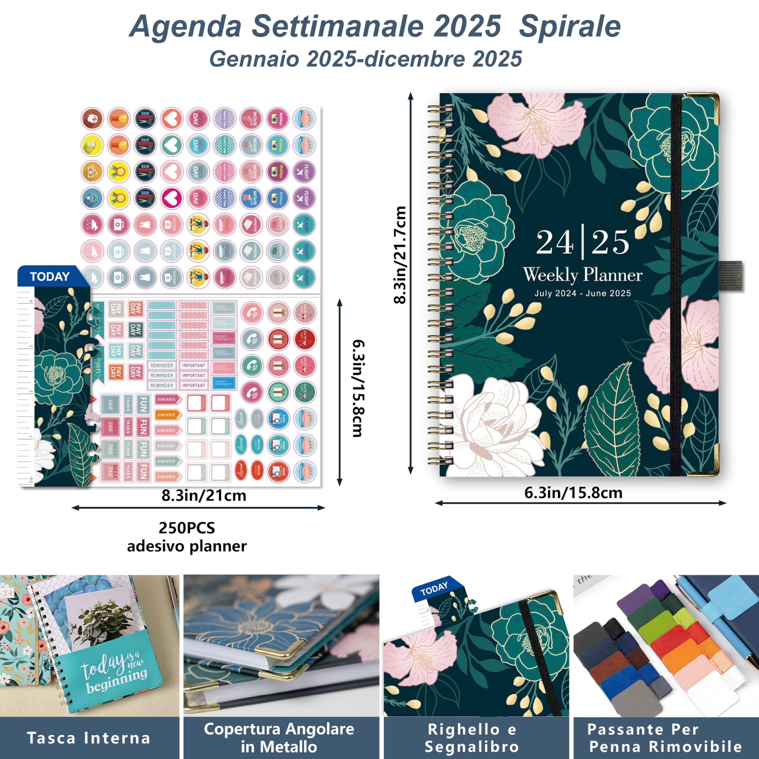 Gumiho Agenda settimanale 2025 Spirale – Agenda scolastica A5 (gennaio-dicembre 2025) – con anello di penna,segnalibro con righello e adesivi per piani (Verde scuro)