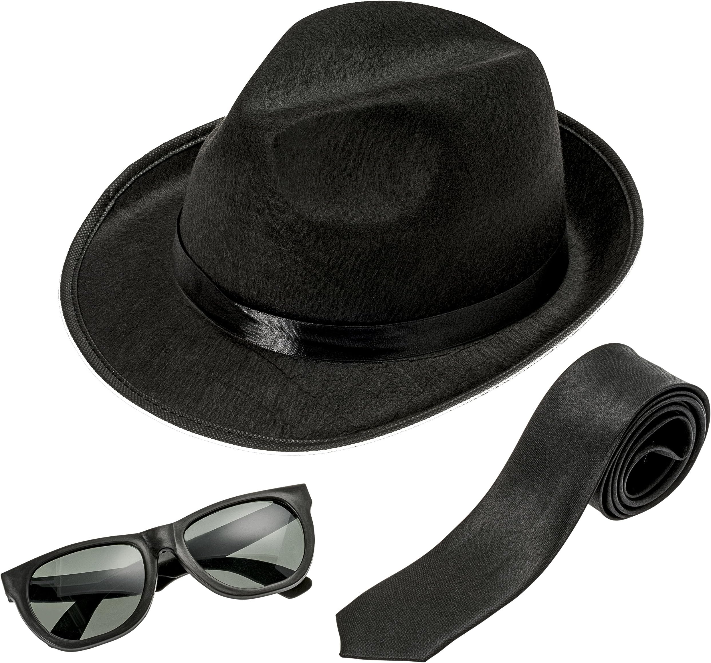 NJ Novelty - Fedora Gangster Hat, Black Pinched Hat Costume Accessory + White Band