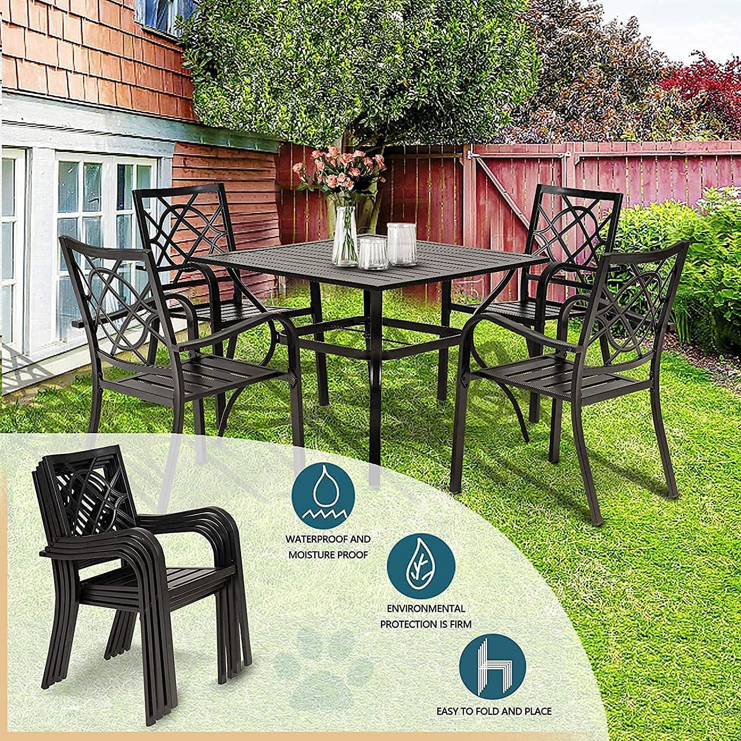 4 Pieces Outdoor Dining Chairs, Patio Bistro Wrought Iron Stackable Chairs with Armrest for Garden, Porch, Backyard, Black - Supports 250 lbs