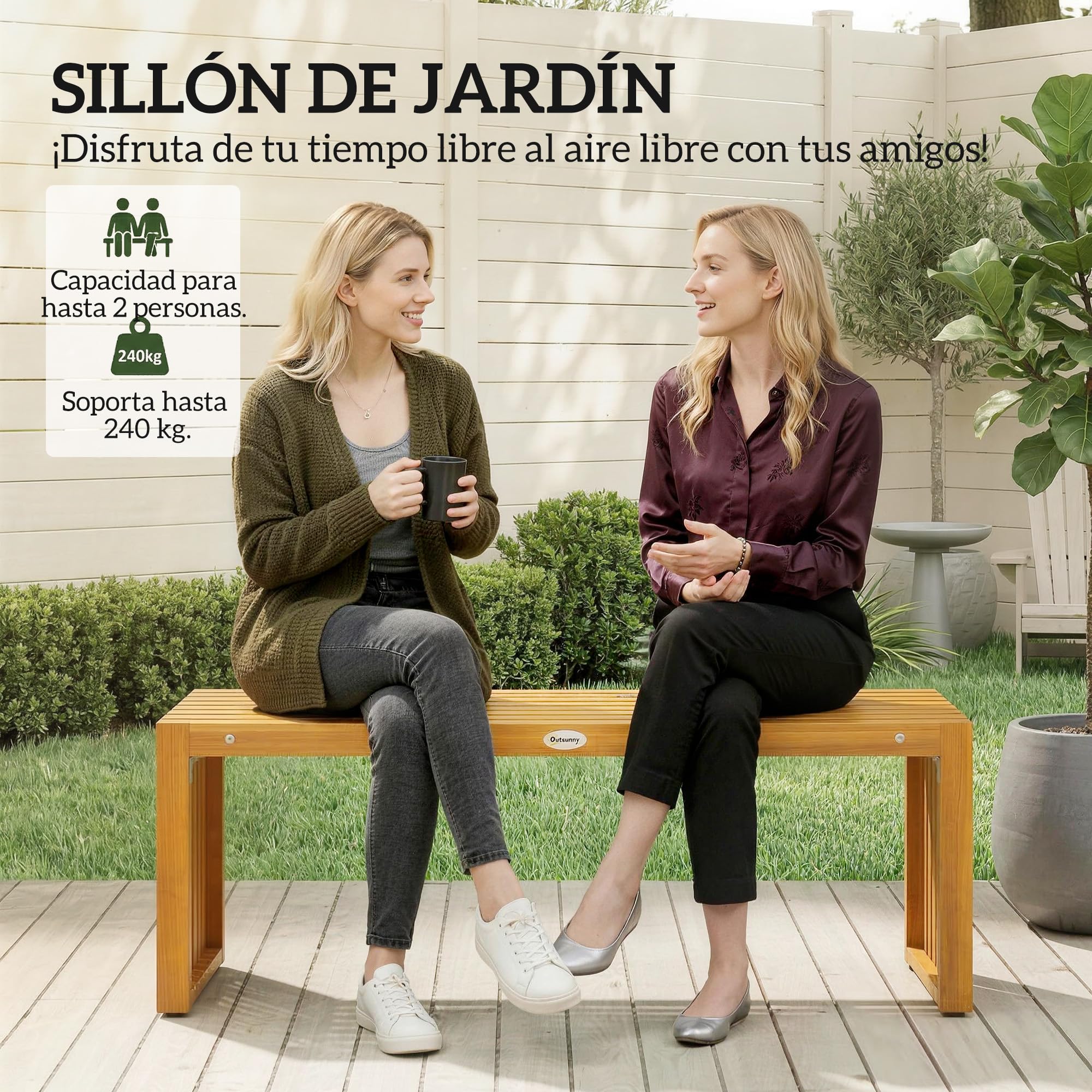 Outsunny Banco de Jardín de Madera, 110 cm, Banco Exterior Rústico de 2 Plazas con Asiento de Listones, Carga 240 kg, para Patio, Porche, Parque, Balcón, Natural