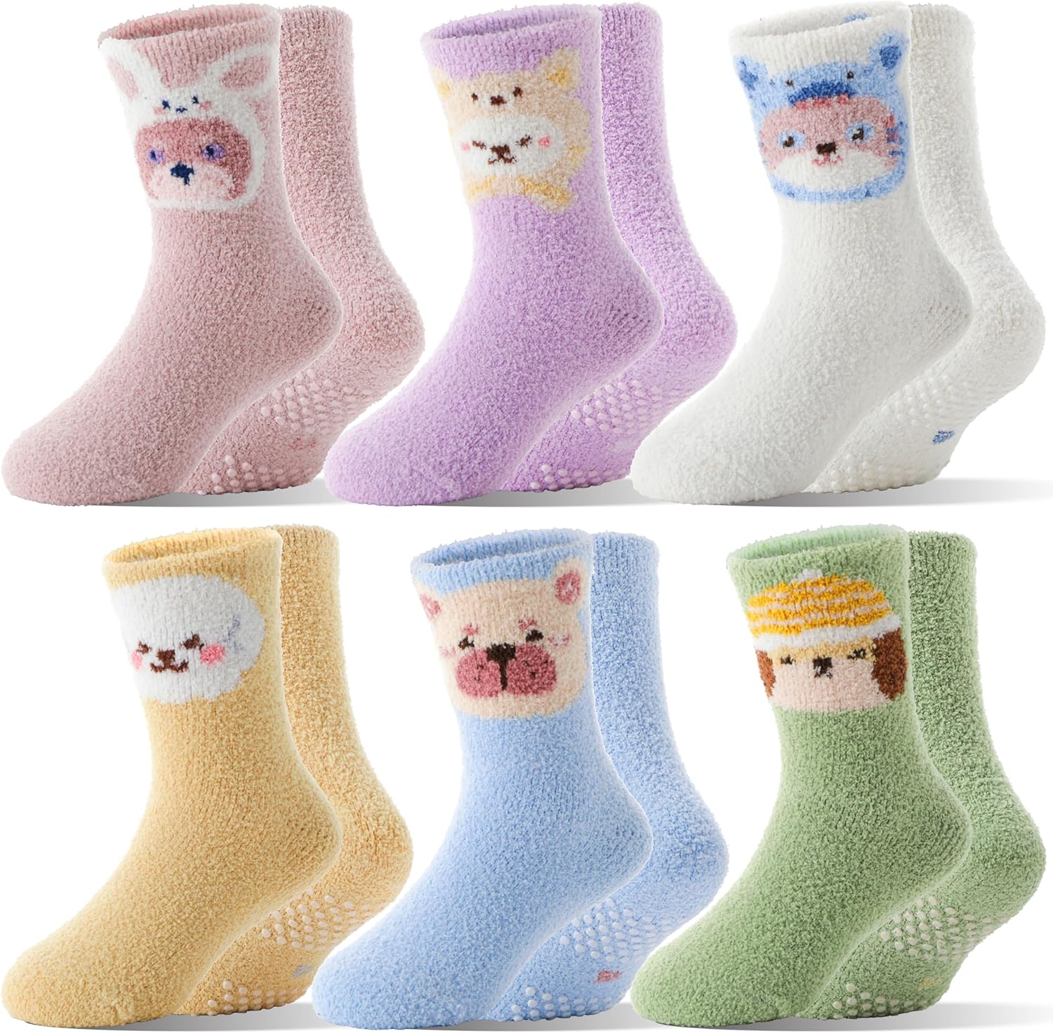 Girls Kids Toddlers Fuzzy Grips Socks Non Slip Cozy Fluffy Warm Winter Crew Cabin Fun Slipper Socks 6 Pairs