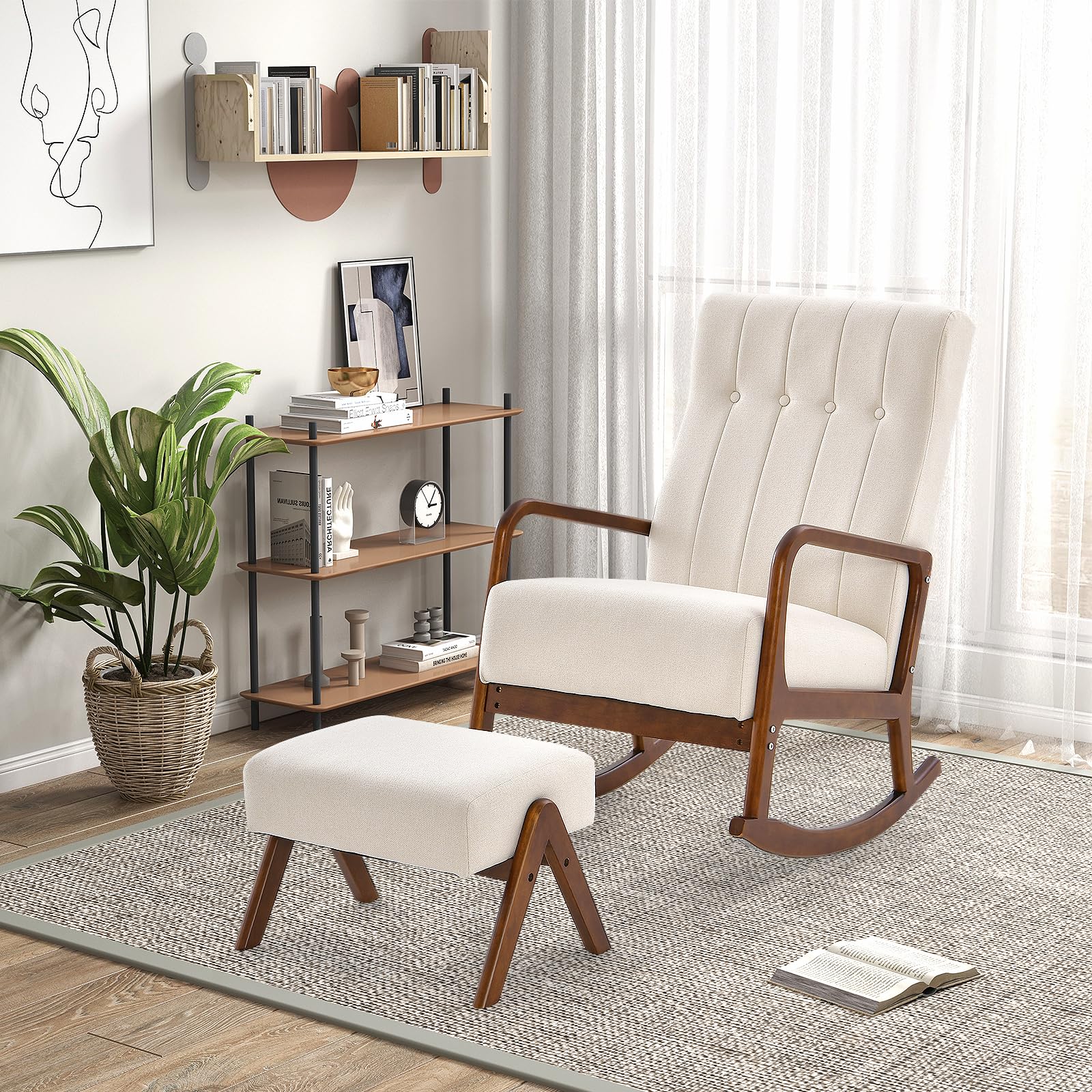 HOMASIS Sedia a Dondolo con Poggiapiedi, Set da Poltrona a Dondolo con Braccioli e Struttura in Legno Massello, Sedia Allattamento per Camera da Letto, Salotto, Fino a 150 kg, 97x65x104cm (Beige)