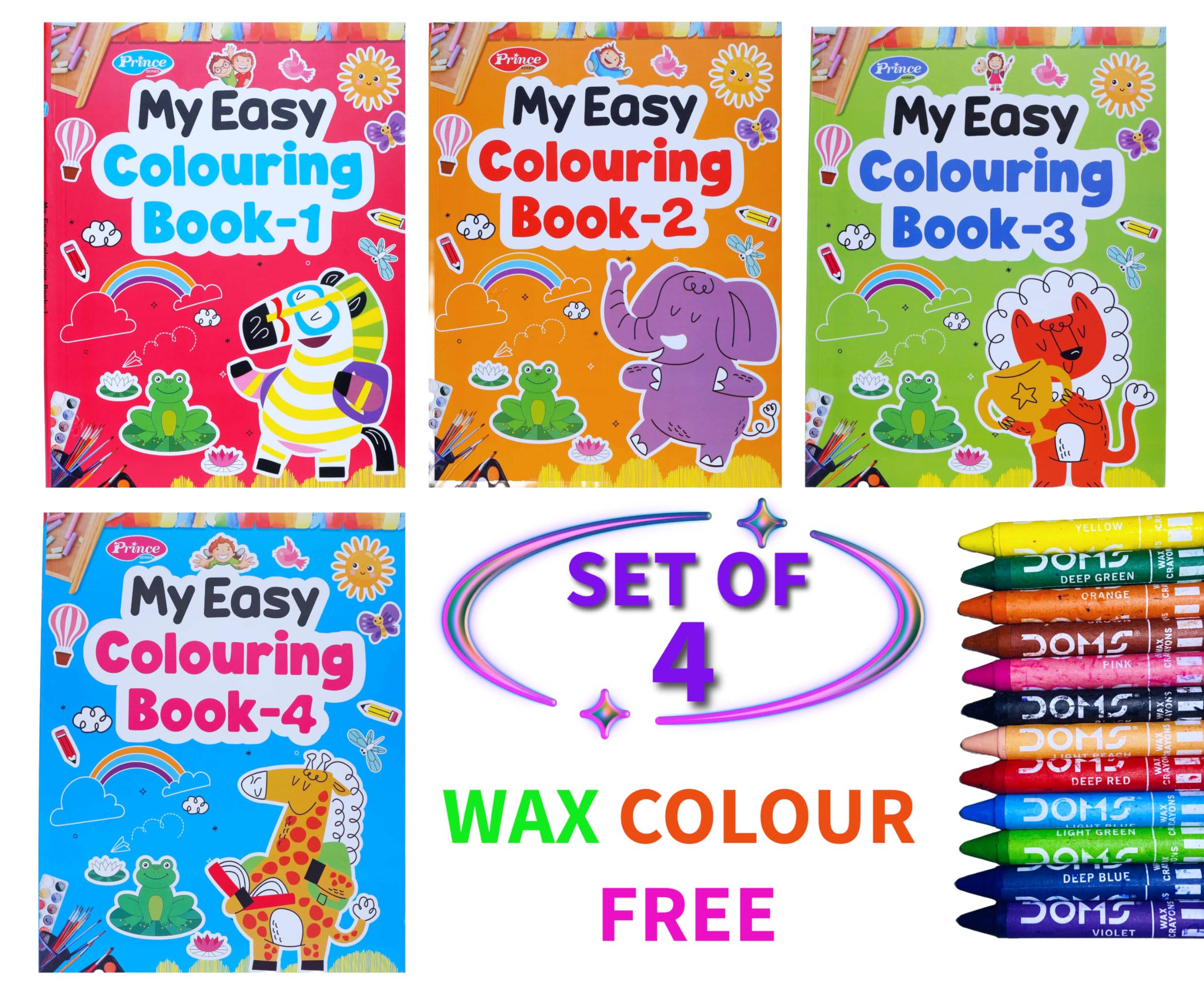 Easy Colouring Books for Kids, Set of 4 Colouring Books for Toddlers, Preschoolers and Primary School Children (Wax Colour Free)