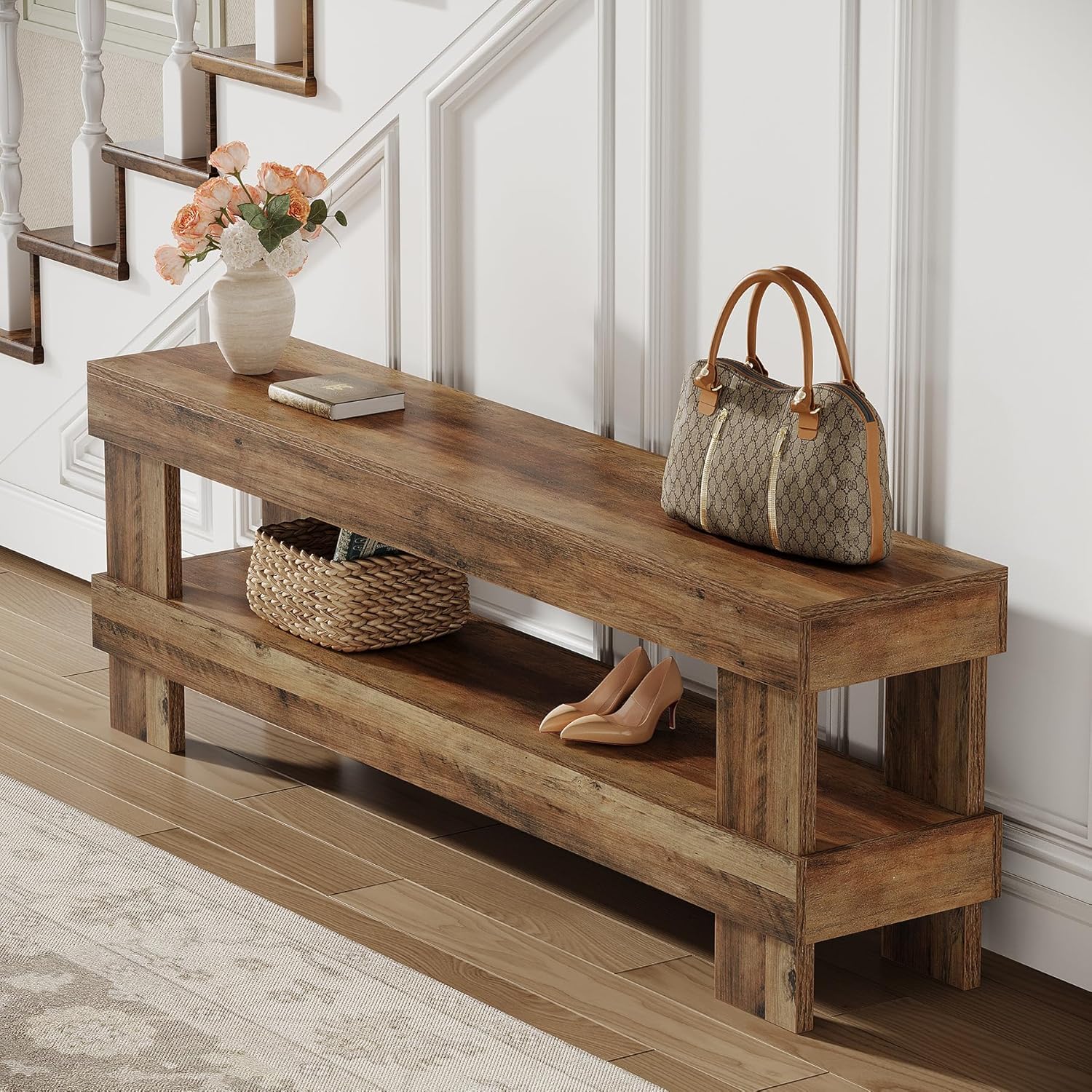 Tribesigns Farmhouse Entryway Bench, 59-Inch Long Shoe Bench Seat with Open Storage Shelf, 2-Tier Narrow End of Bed Benches for Bedroom, Entryway, Hallway, Indoor, Living Room (Rustic Brown)