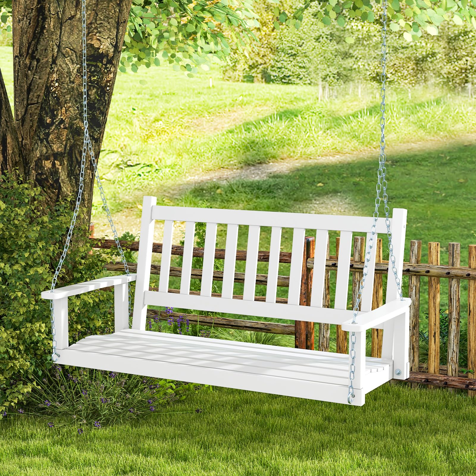 GYMAX Altalena da Giardino in Legno, con Schienale a Doghe, Sedile Curvo e Comodi Braccioli, Design Ergonomico per 2 Persone, Sedia a Dondolo con Capacità di Carico 230 kg (Bianco)