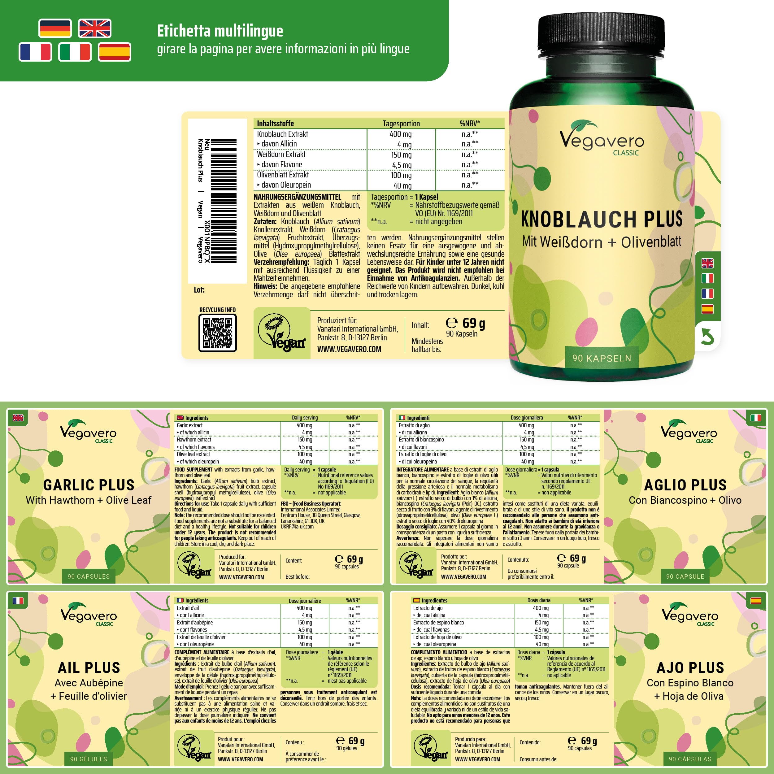 Aglio + Biancospino + Ulivo Vegavero® | Estratti titolati: 1% di Allicina, 3% di Flavoni e 40% Oleuropeina | Integratore in Capsule per la Pressione Sanguigna* | Vegan