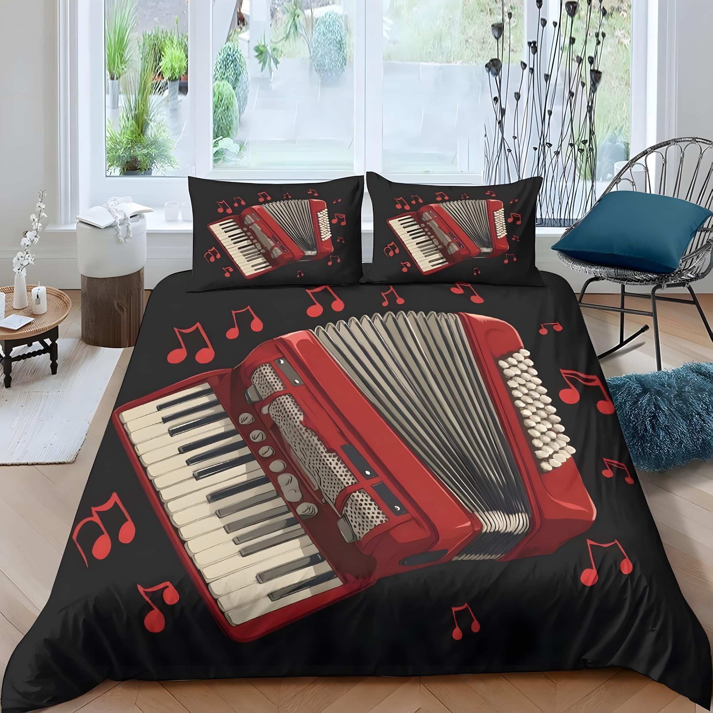 YZQGLHP Red Organ King Duvet Cover Set 225x220cm Red Musical Notes Pattern Soft Fluffy Microfiber King Size Bedding, Easy Care Quilt Cover with Zipper & 2 Pillowcases 50x75cm