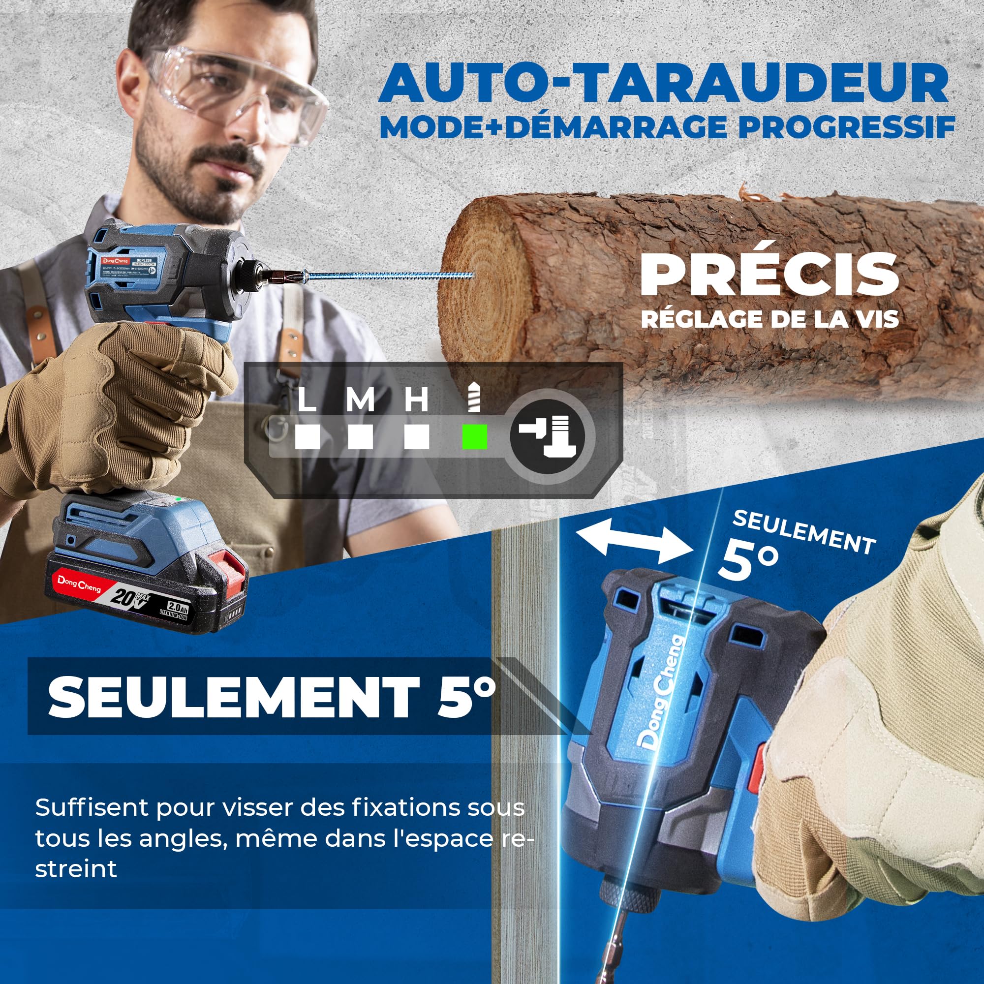 Dong Cheng Visseuse à Chocs 20V sans Balais 208Nm 3200 tr/min 4300 cps/min Mandrin 1/4" Hex 3 Vitesses 2 Piles 2,0 Ah