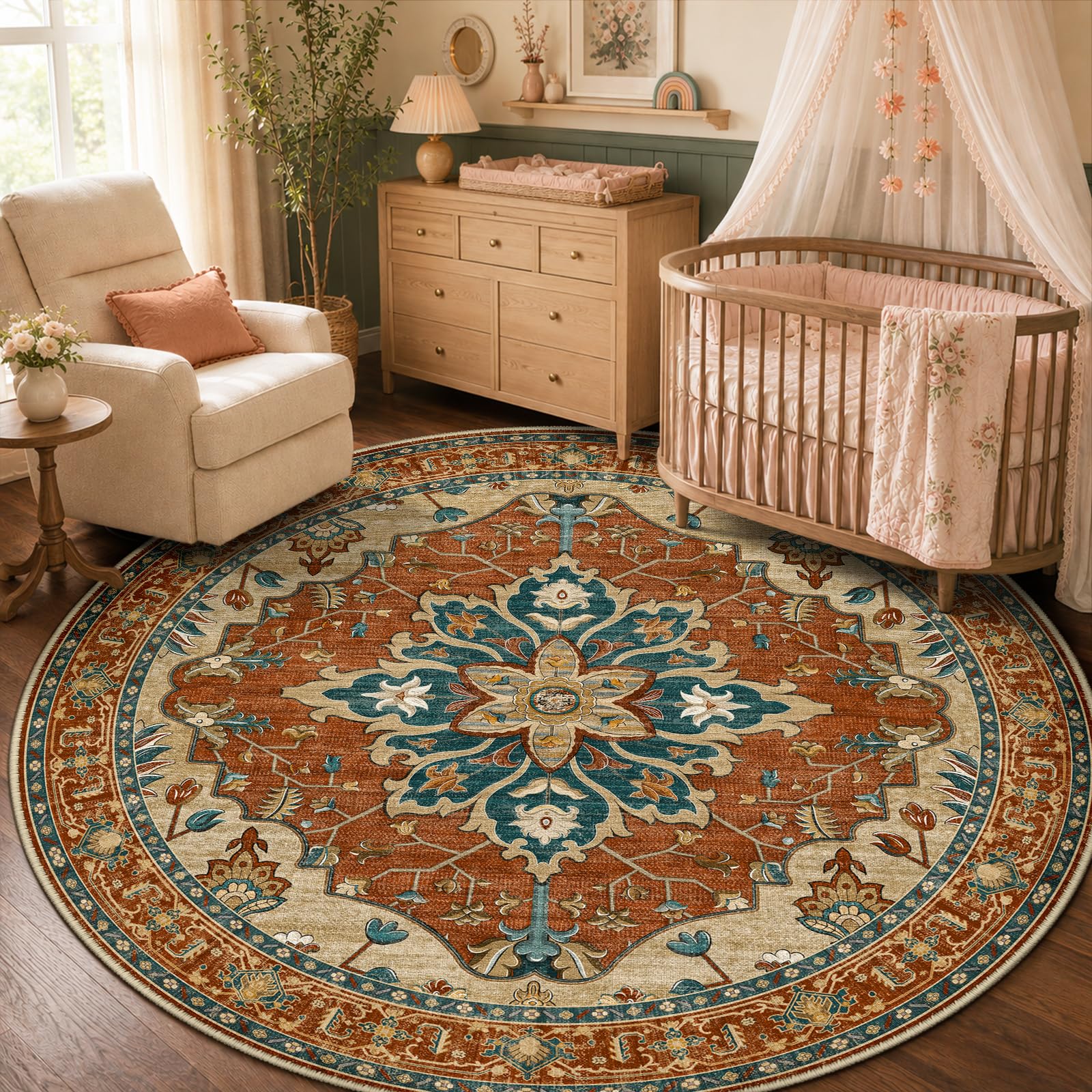 RELEANY Washable Area Rug, Round 5ft, Red/Orange/Blue/Brown | Non-Slip, Water Repellent, Pet Friendly, Easy to Clean, Vintage Floral Boho Decor for Living Room Bedroom Dining Room