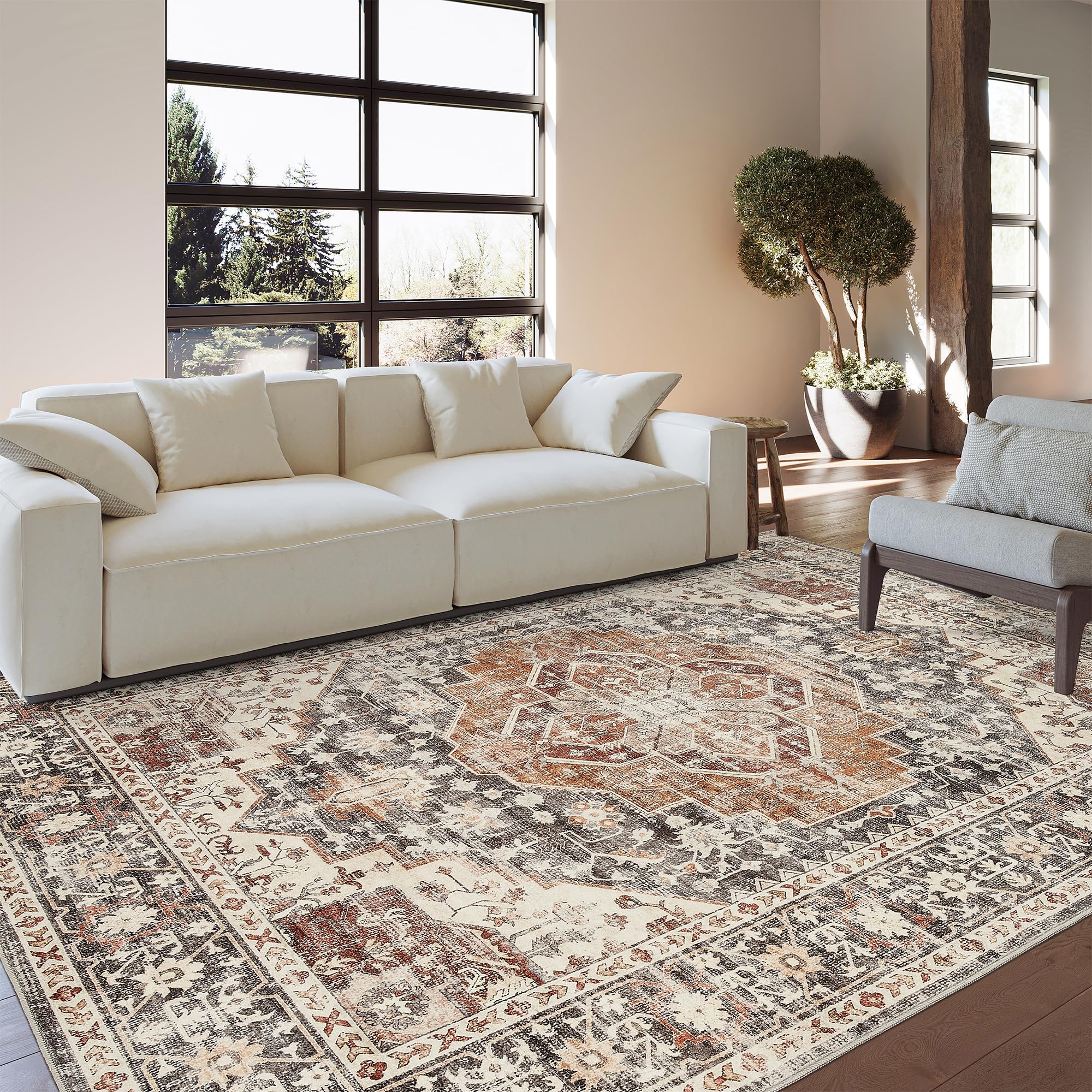 Art&Tuft Washable Rug 8x10, Area Rugs for Living Room, Anti Slip Low Pile Rug Floor Carpet, Vintage Tribal Stain Resistant 8x10 Rugs for Bedroom, Dining Room, Kitchen, Brick