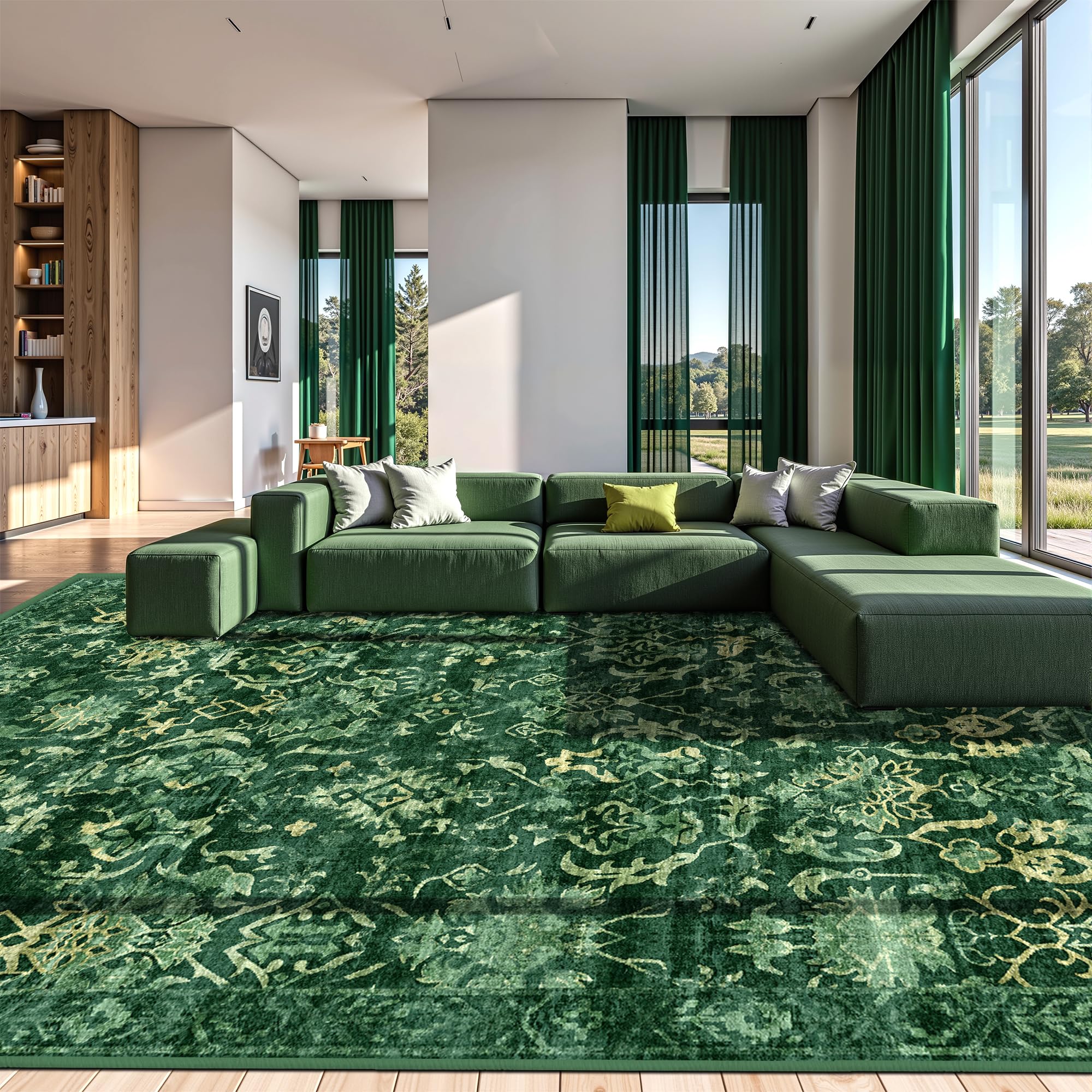 Dark Green Area Rugs 10x12 for Living Room Soft Non-Slip, Large Bedroom Rug Vintage Dining Room Rug Tribal Farmhouse Deerly Carpet for Dining Room Office Green