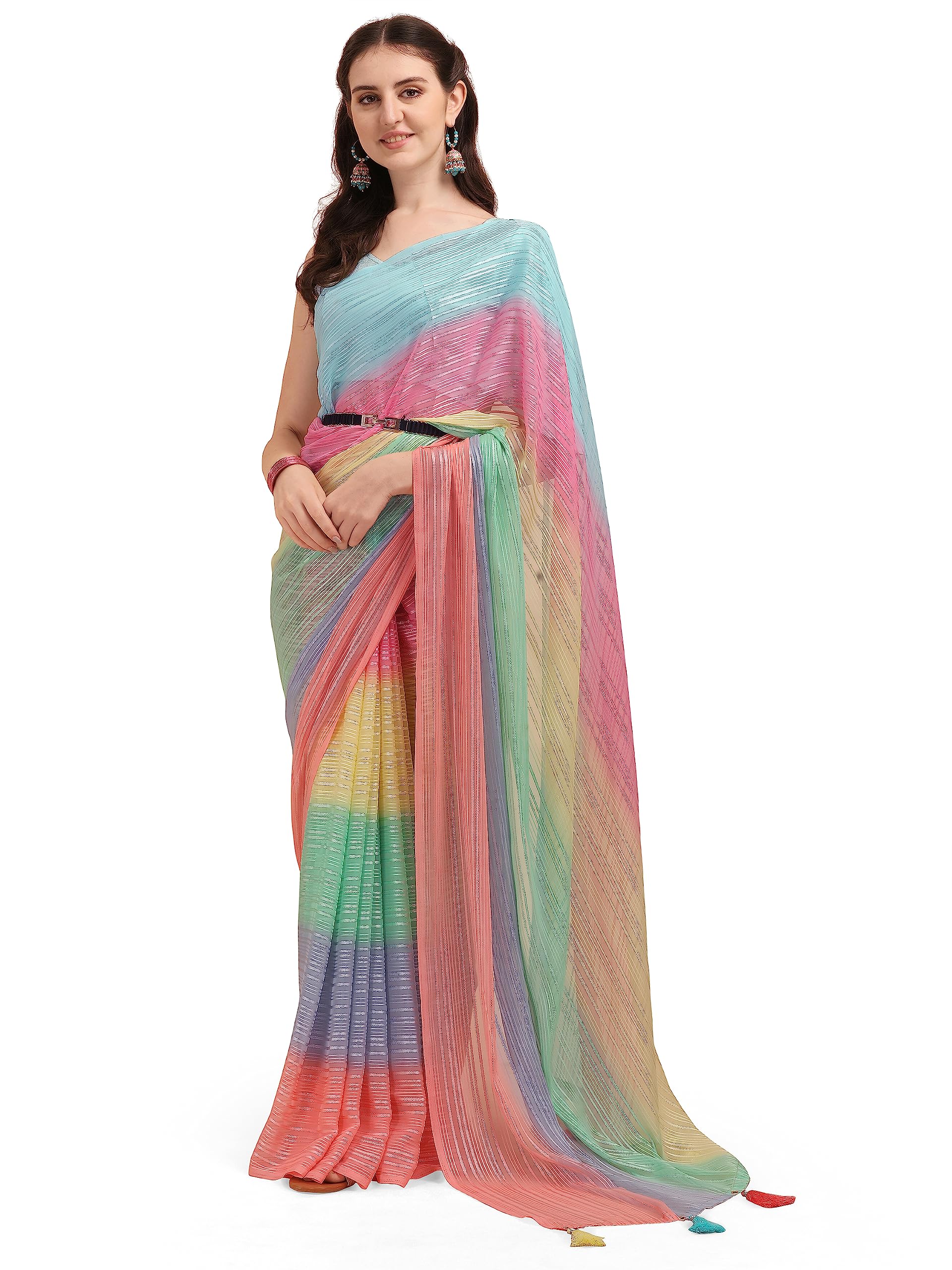 EthnicJunction Women's Georgette Block Print Multicolor Bollywood Inspired Saree With Blouse Piece