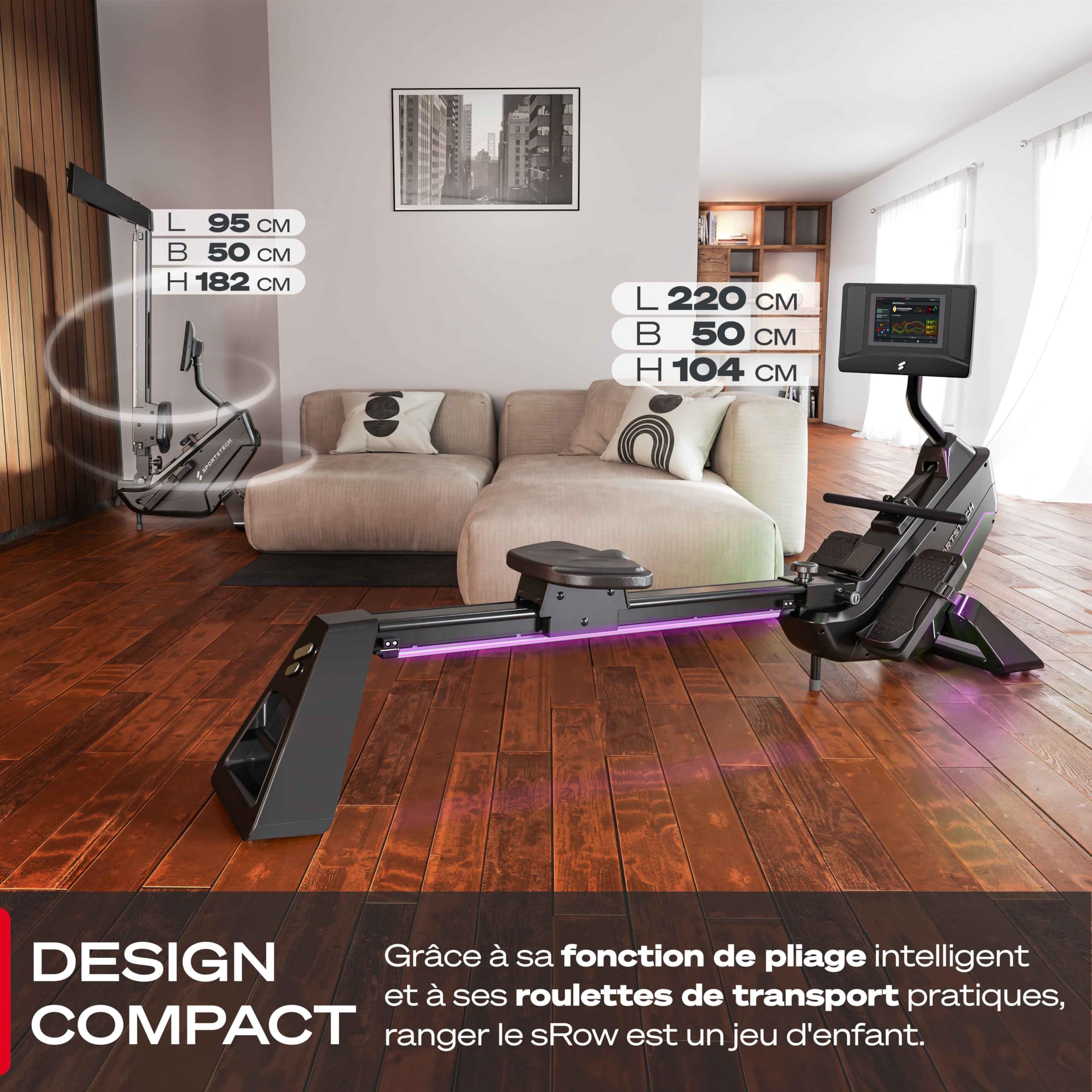 Rameur Premium Sportstech pour la Maison avec écran Tactile, avec 1 an d'App STL Incluse, Marque Allemande, appli avec Cours & entraînements, rameur Pliable avec Technologie LED, sRow