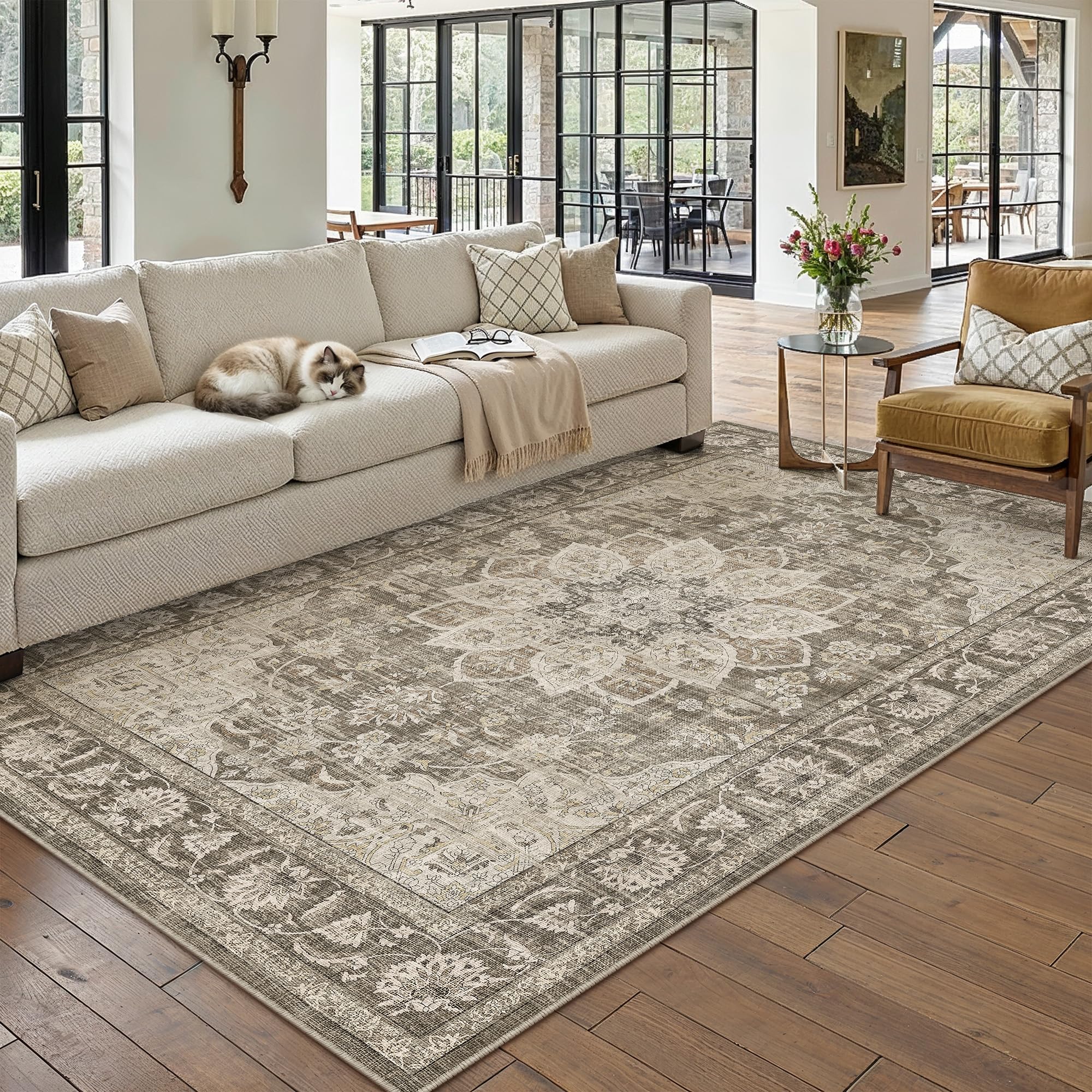 PureCozy Vintage Teppich Wohnzimmer Schlafzimmer Waschbarer | Waschbarer Teppich Wohnzimmer, Rutschfest, Geeignet Für Schlafzimmer, Esszimmer,Büro