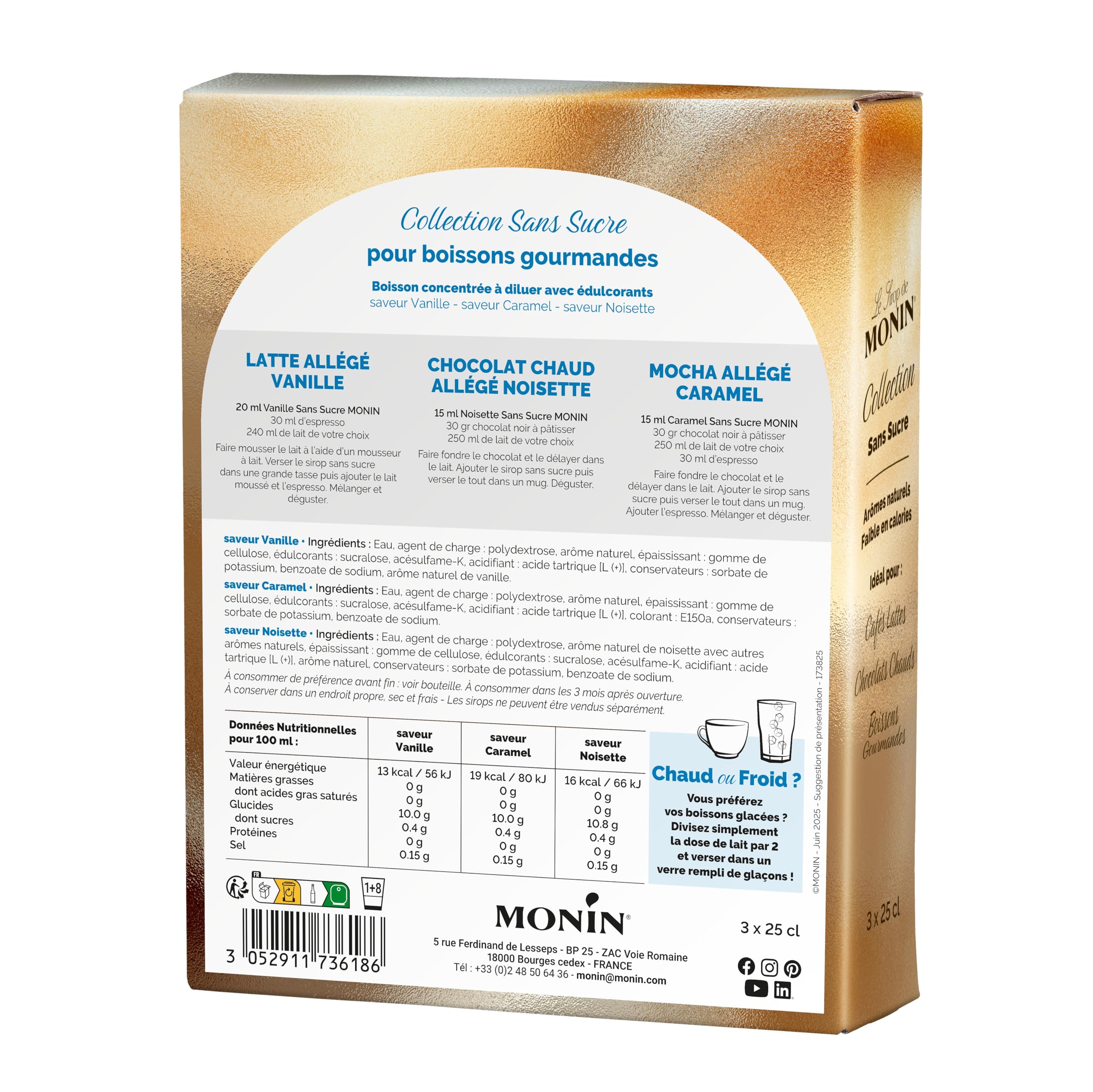 MONIN - Coffret collection sans sucre pour Boissons Chaudes - Caramel, Noisette et Vanille - 3x25cl