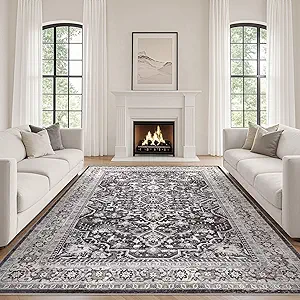 Black Rug Living Room Rugs: 12x15 Washable Boho Large Vintage Moody Soft Distressed Oriental Stain Resistant Non-Slip Indoor Floor Carpet for Bedroom Playroom Office Dining Room Retro Home House