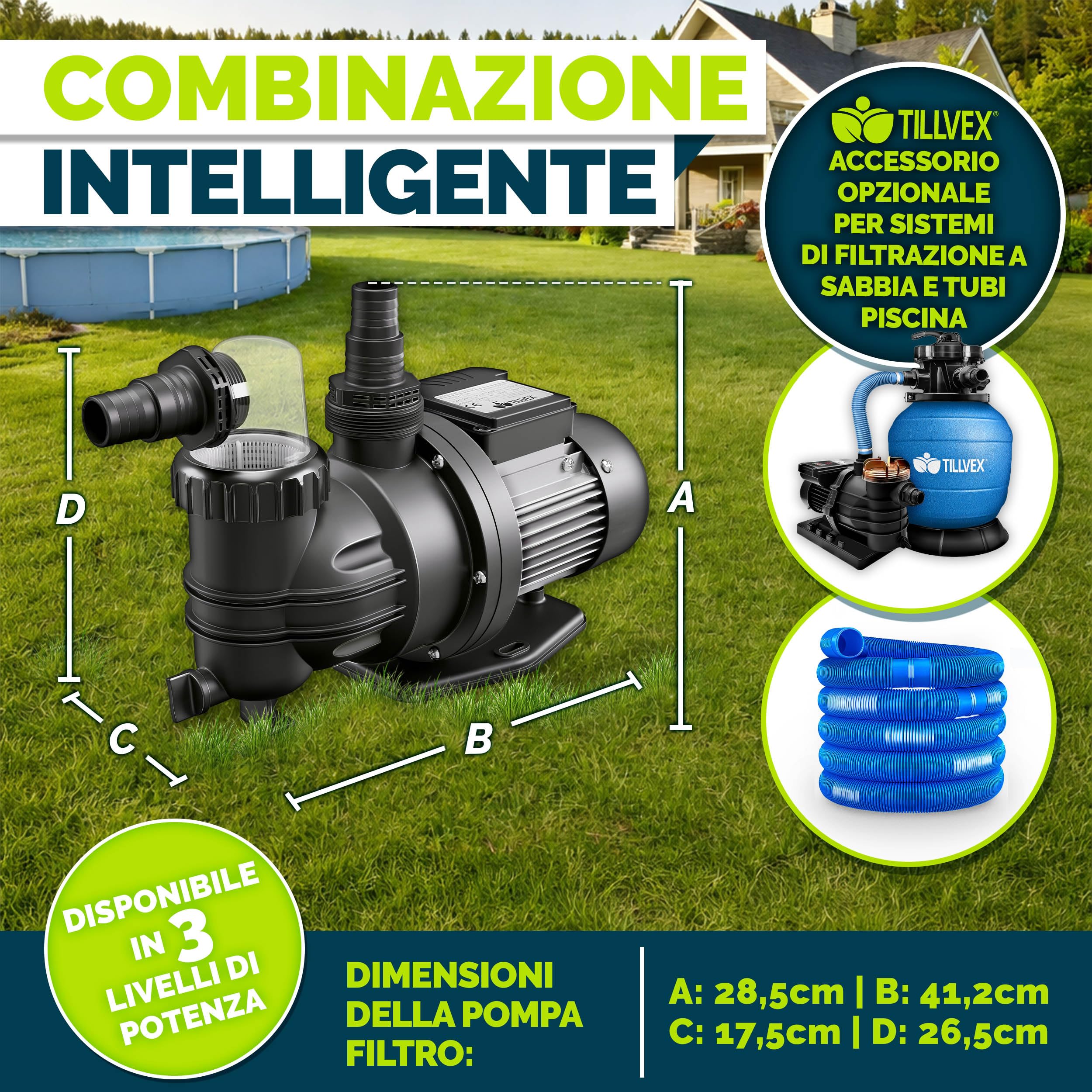 tillvex® Pompa filtro piscina 9 500 L/h & 550 W | Altezza di mandata max. 10 m | Pompa di circolazione per piscine fino a 40 m³ | Autoprimante per piscina fuoriterra & spa con prefiltro