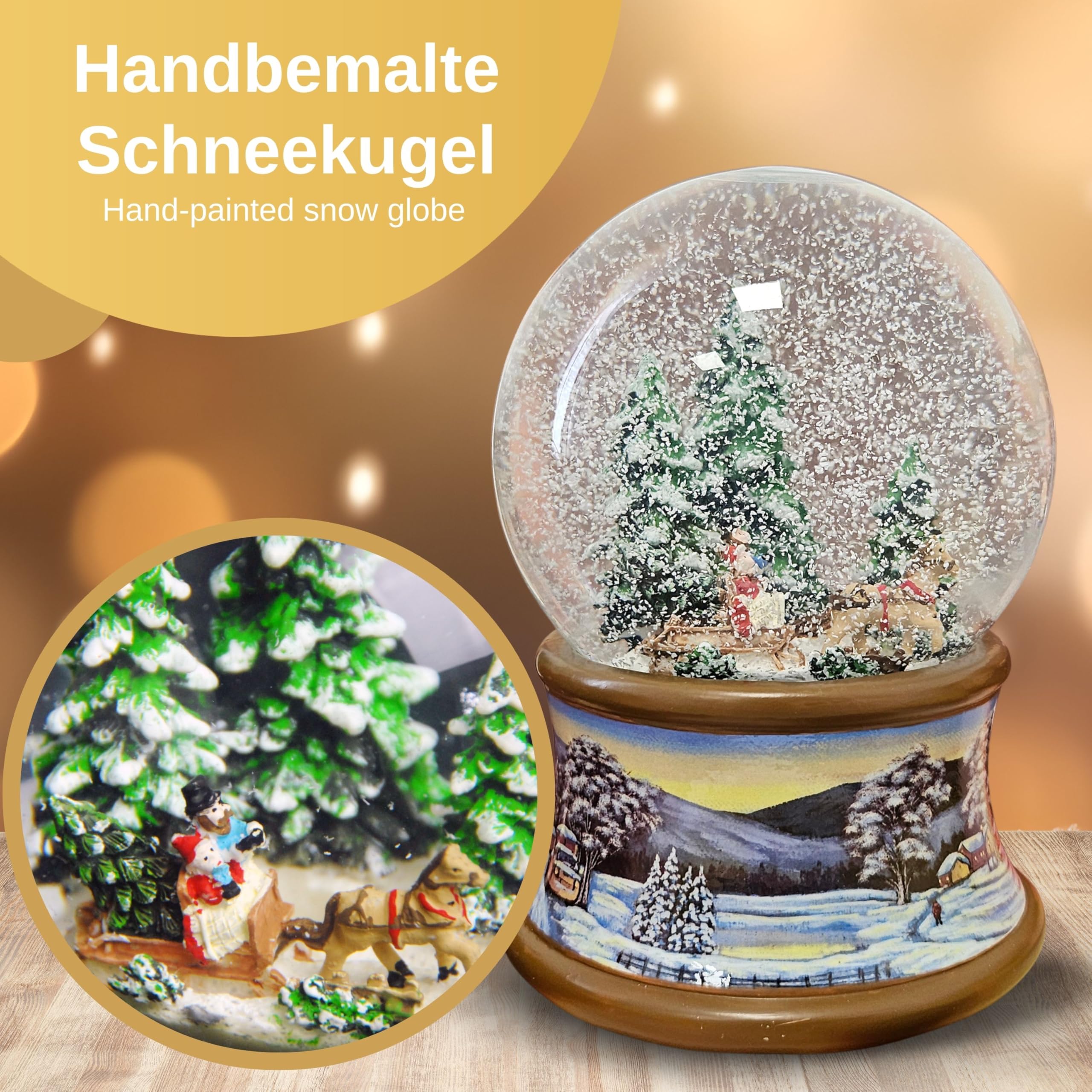 Schneekugel Familie Kutschfahrt Weihnachtsbaum Holen auf nostalgische Winterlandschaft Braunton Weihnachten Winter mit Spieluhr - 100mm breit * 20192