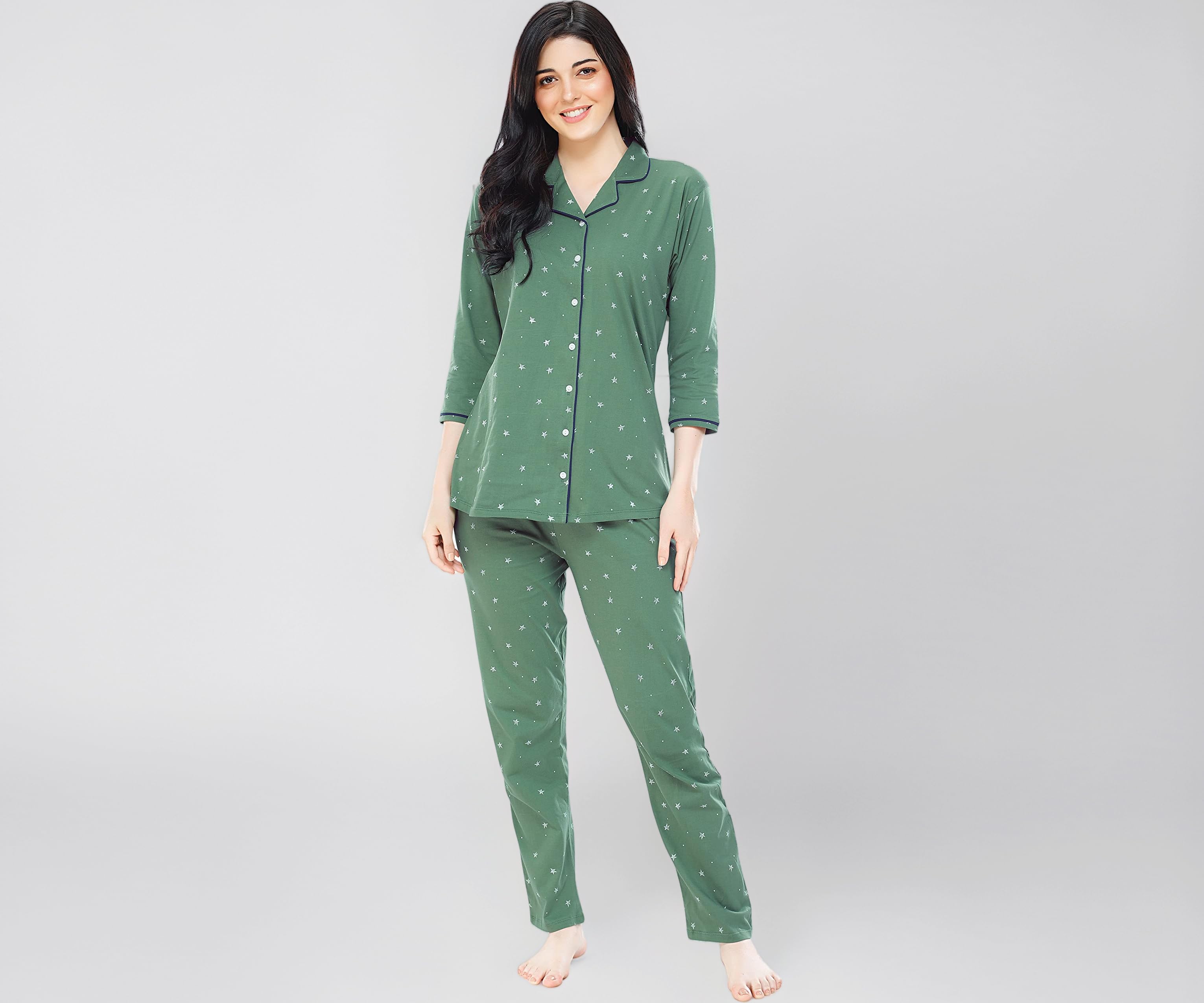 ZEYO Women's Cotton Star & Dot Printed Night Suit Set of Shirt & Pajama Set 5155 (Available in Plus Size)