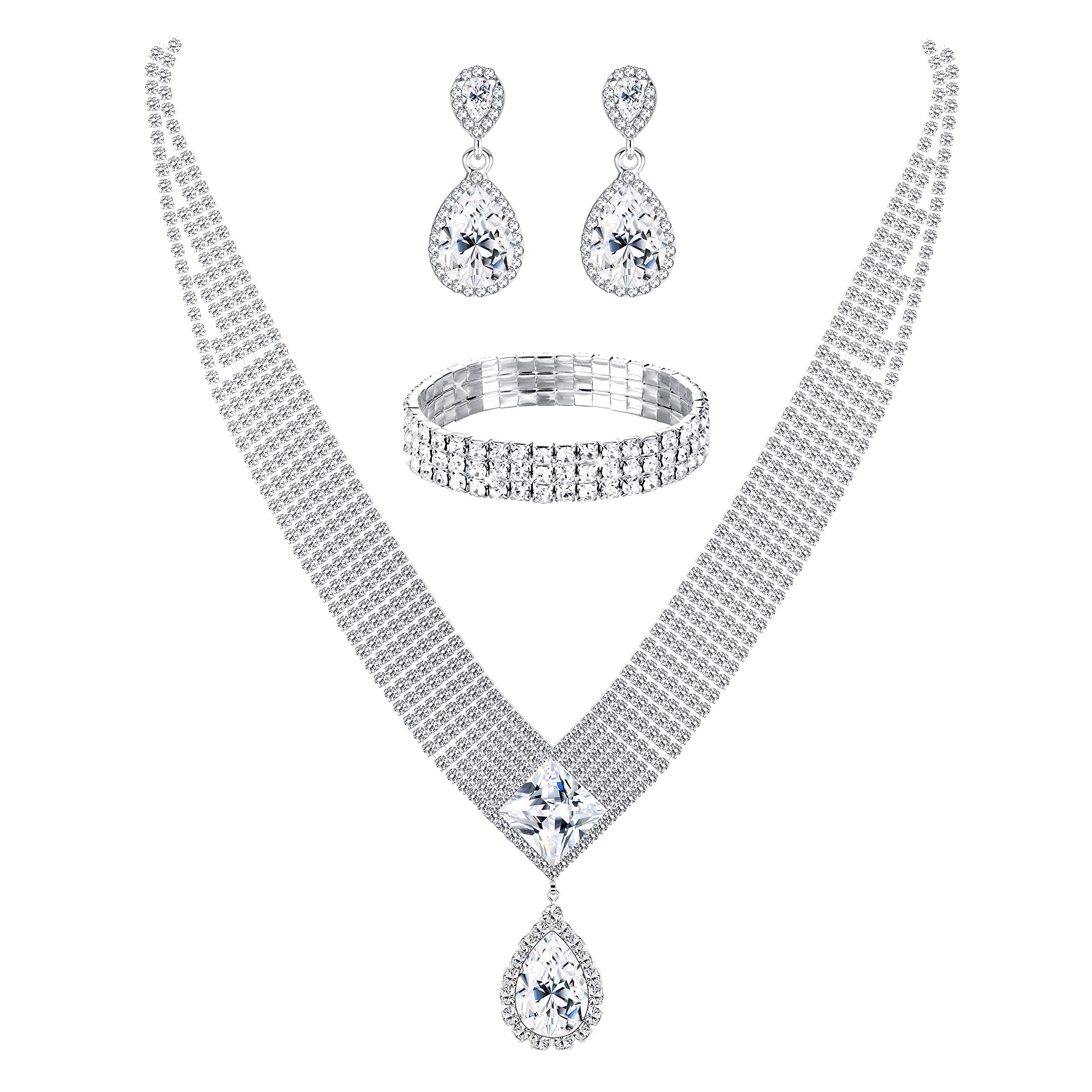 THUNARAZSilver Bridal Jewelry Set Rhinestone Crystal Necklace Bracelet Dangle Earrings for Women Brides Bridesmaid Prom Costume Accessories