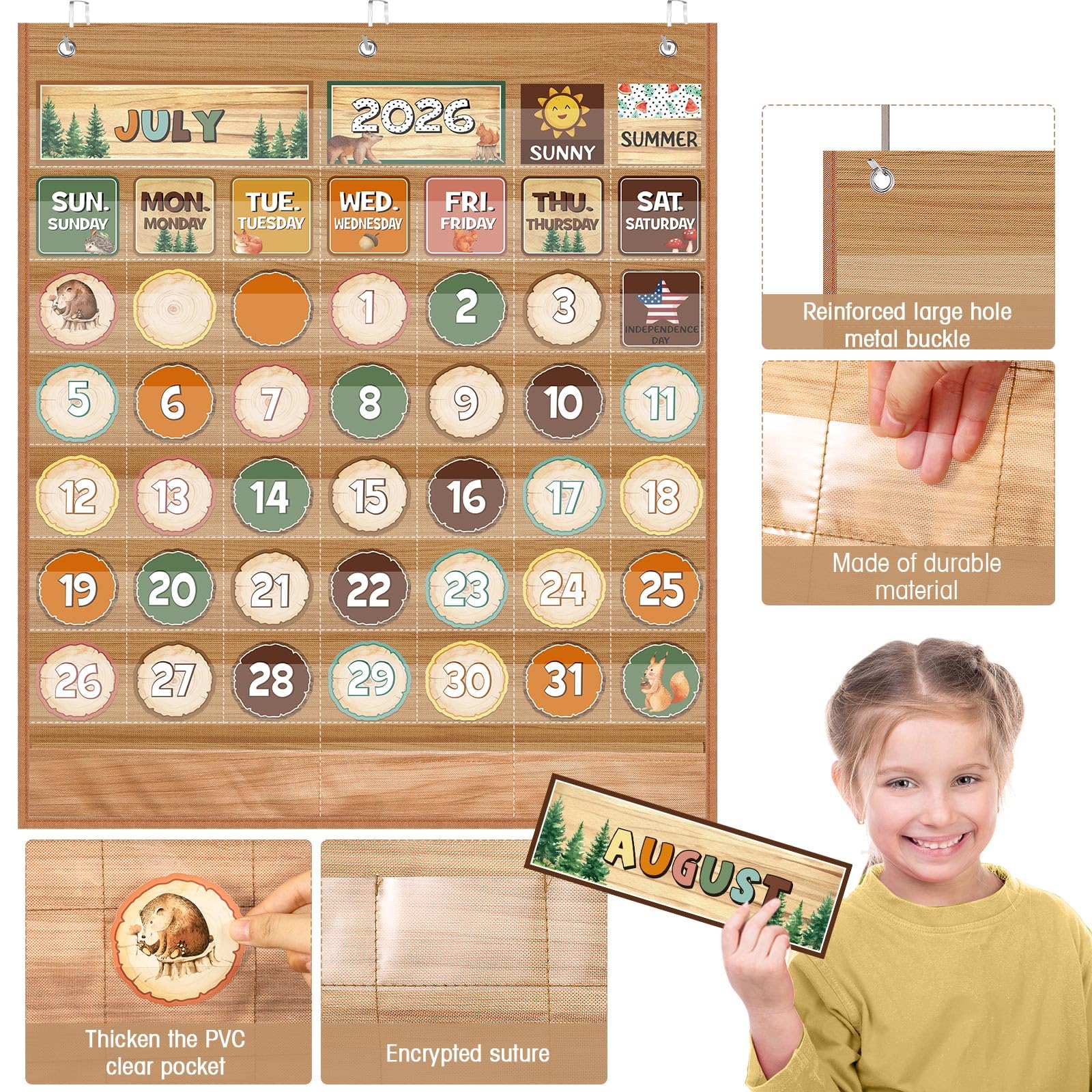 Sinload Calendario de aula, calendario de bolsillo, tablón de anuncios, temporadas, festivales, tabla de bolsillo para decoración de aula, suministros de regreso a clases (bosque)