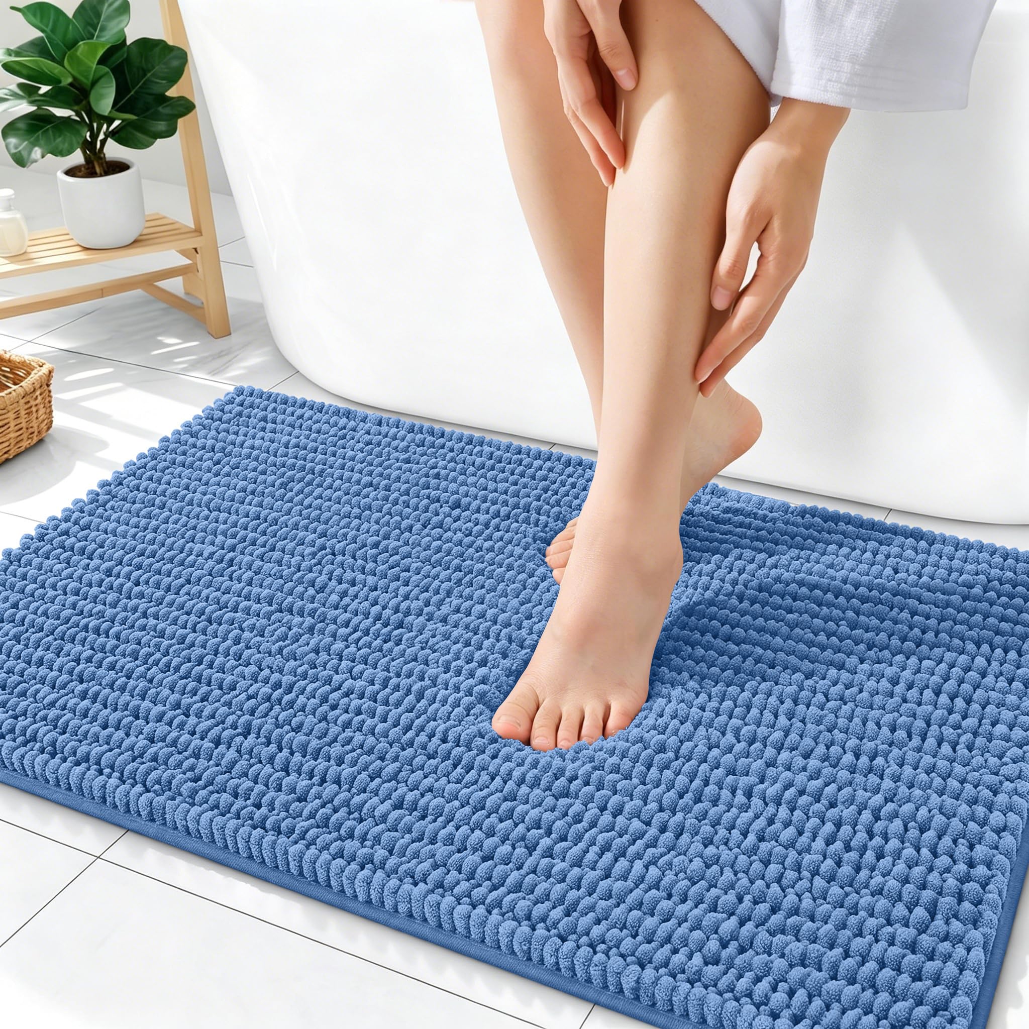 OLANLY Thick Chenille Absorbent Bathroom Rugs Mat 36x24, Cornflower Blue