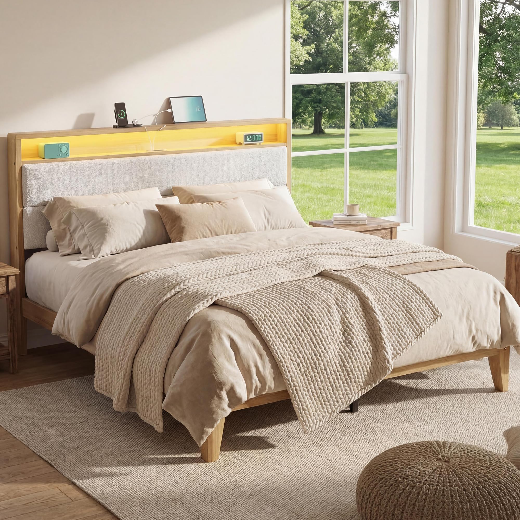 Photo 1 of - [ ] ***AS IS / NO RETURNS - SALE FINAL - FOR PARTS ONLY*** GarveeHome Full Size Boucle Bed Frame with Headboard and LED Lights, Upholstered Platform Bed Frame with Charging Station and 2-Tier Storage Shelves, No Box Spring Needed, Easy Assembly, White