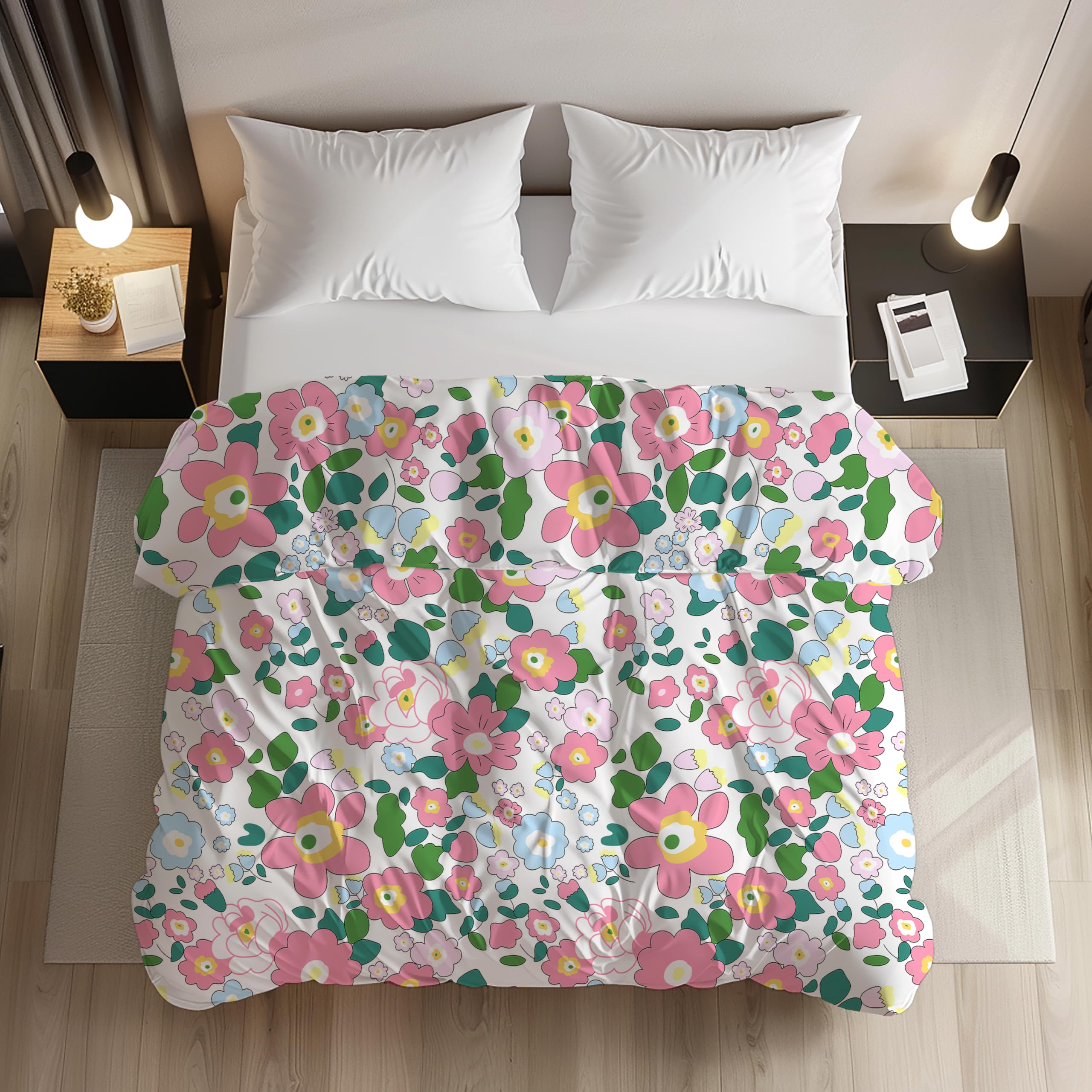 LOOMLYFE 200TC Premium Glace Cotton Duvet Cover/Comforter Cover/Rajai Cover/Blanket Cover/Quilt Cover for Double Bed with Zipper 90"x100" inches - PinkFlowers